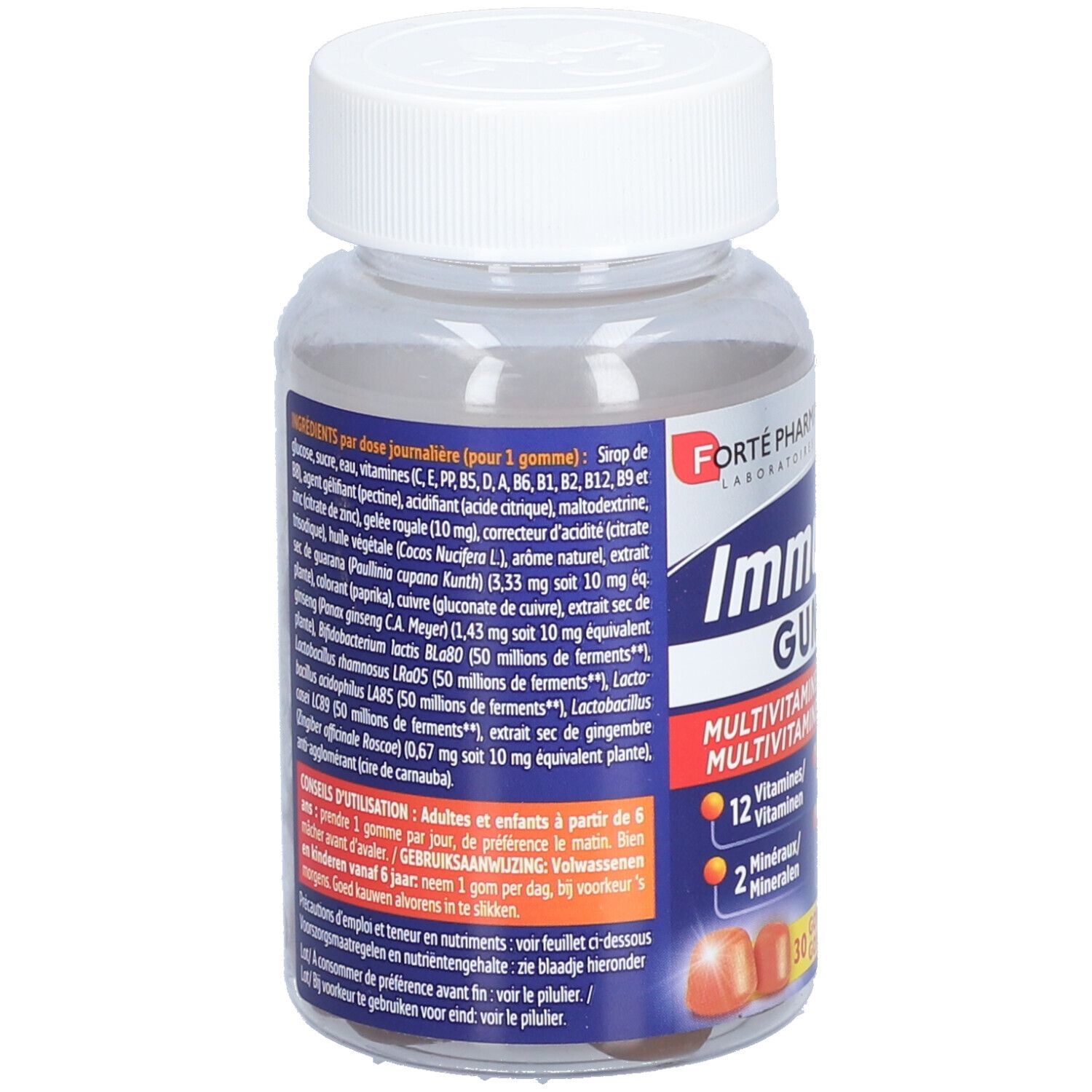 Dos de la bouteille avec ingrédients et dosage. Récipient transparent avec bouchon blanc. Nom du produit ImmuVit' 4G Gummies.