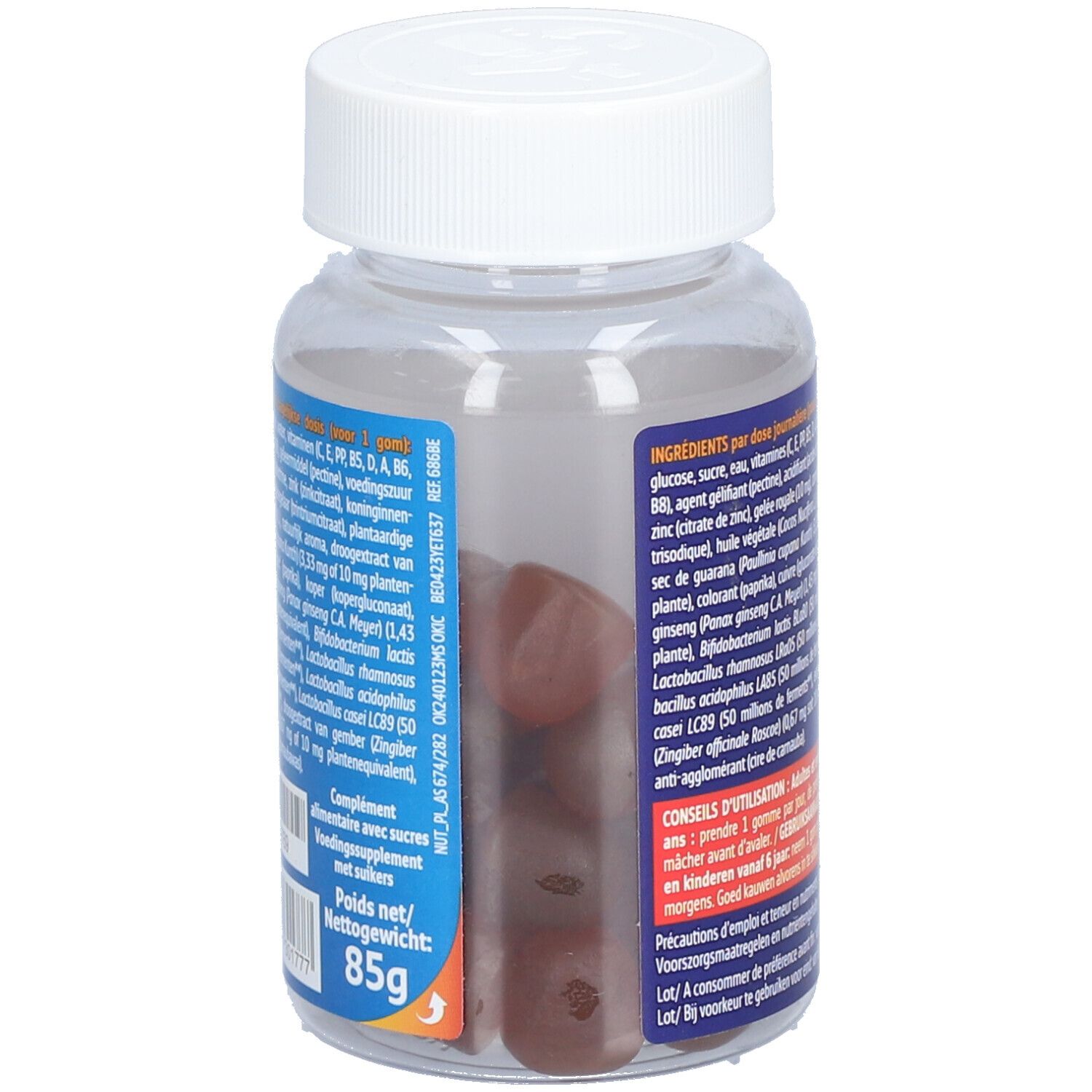 Flacon transparent avec bouchon blanc. Gommes visibles. Nom du produit ImmuVit' 4G Gummies. Poids net 85g.