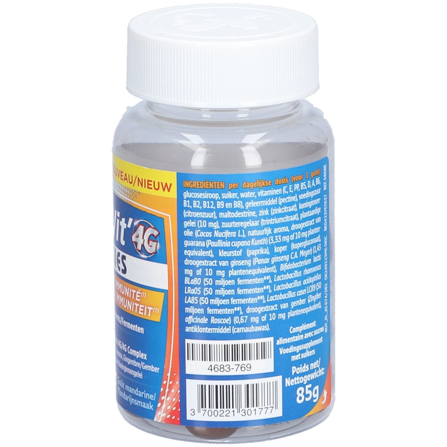 Dos de la bouteille avec ingrédients et dosage. Récipient transparent avec bouchon blanc. Nom du produit ImmuVit' 4G Gummies. 85g.