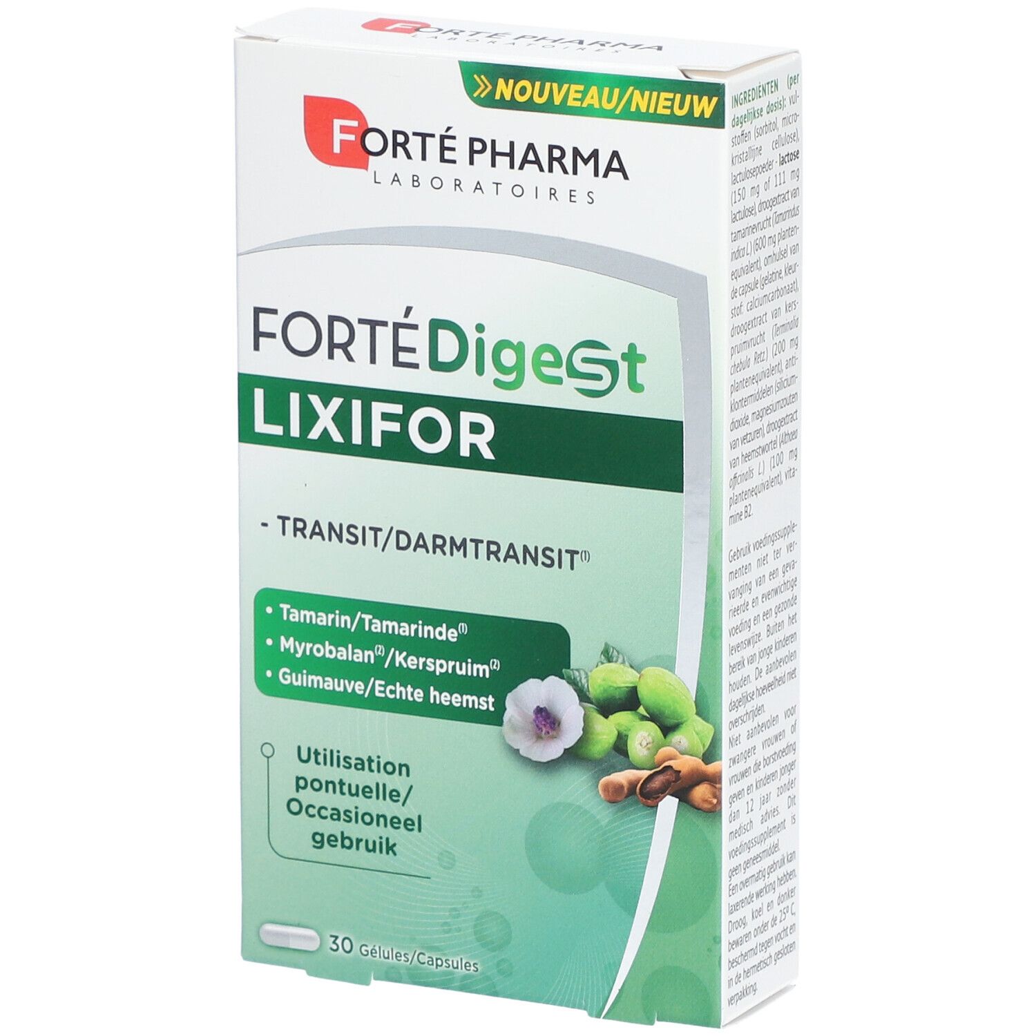 Verpackung von Forté Digest LIXIFOR. Weißer Karton mit grünen Akzenten. Produktname und Inhaltsstoffe sind aufgedruckt.