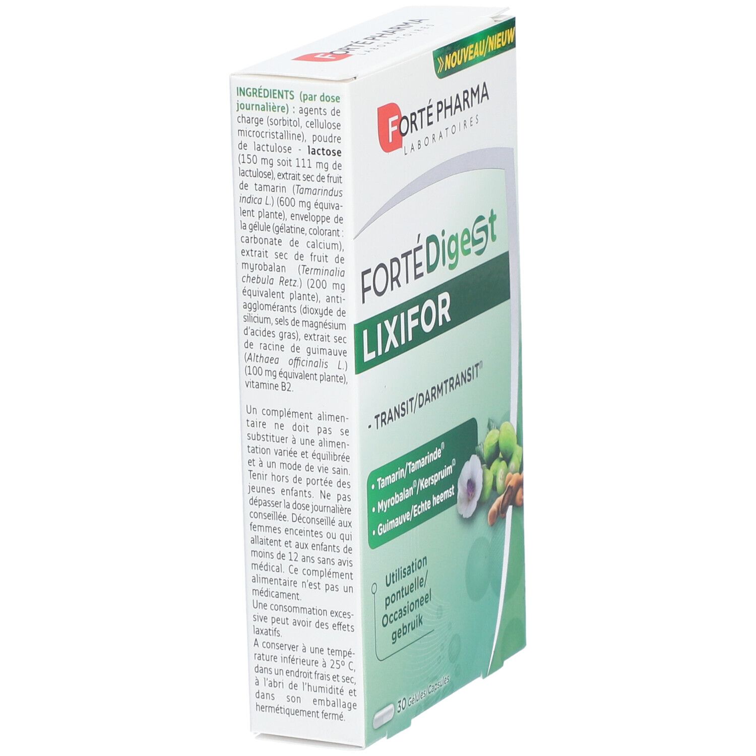 Forté Digest LIXIFOR-Verpackung. Weißer Karton mit grünen Details. Produktname und Inhaltsstoffe sind sichtbar.