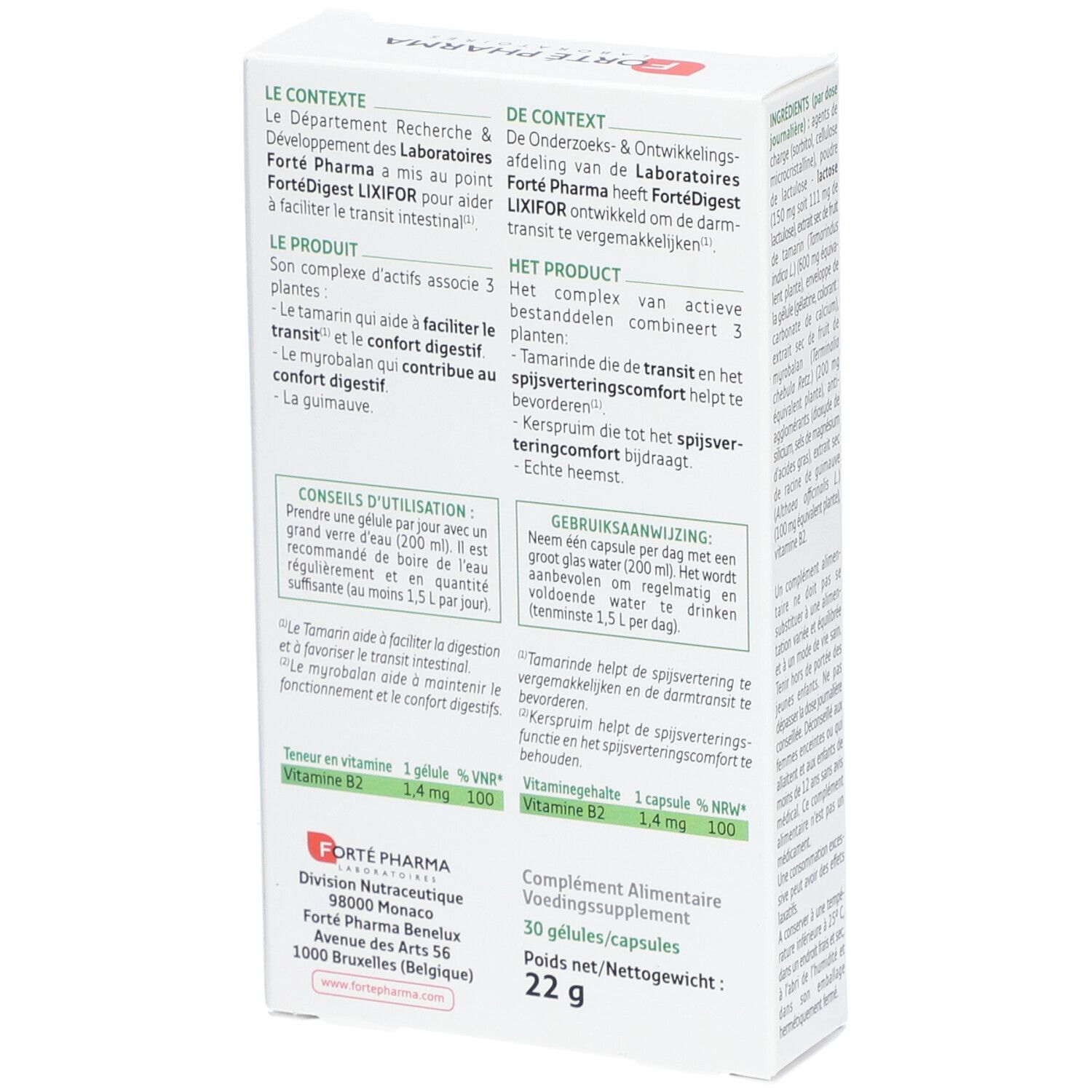 Rückseite der Forté Digest LIXIFOR-Verpackung. Text in mehreren Sprachen. Informationen zu Inhaltsstoffen und Anwendung.