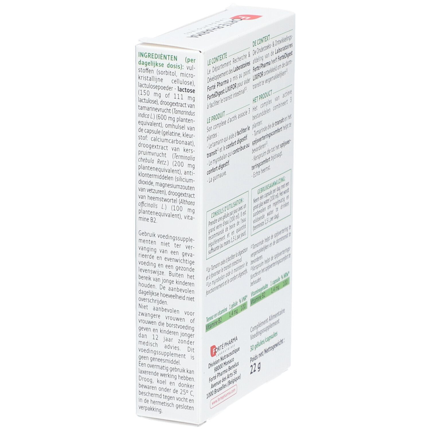 Seitenansicht der Forté Digest LIXIFOR-Verpackung. Text in mehreren Sprachen. Informationen zu Inhaltsstoffen und Anwendung.