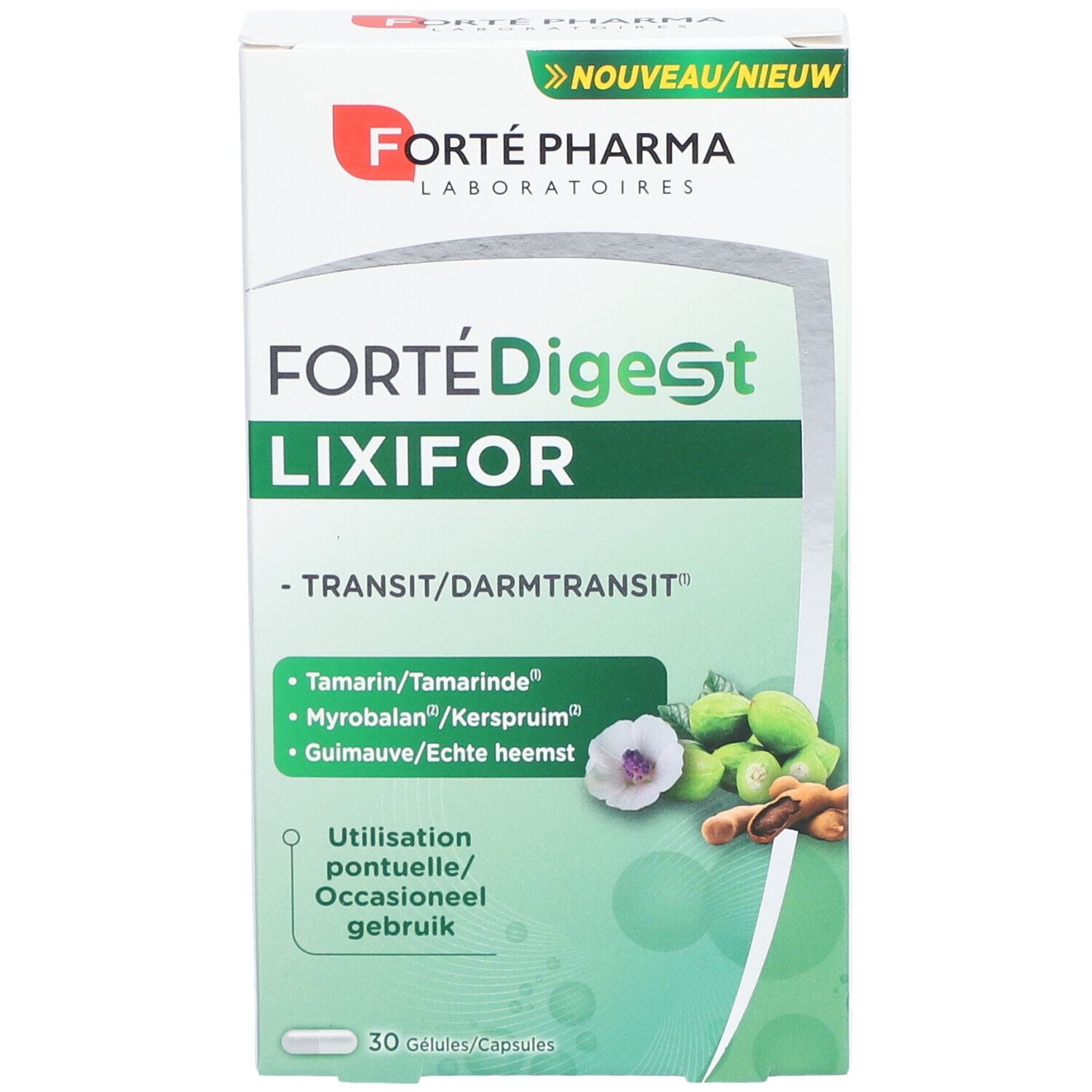 Forté Digest LIXIFOR-Verpackung. Weißer Karton mit grünen Details. Produktname und Inhaltsstoffe sind sichtbar.