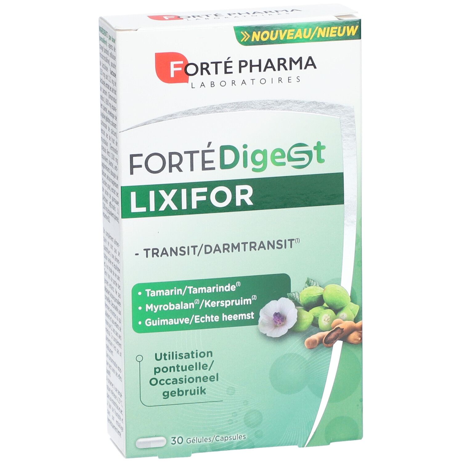 Forté Digest LIXIFOR-Verpackung. Weißer Karton mit grünen Details. Produktname und Inhaltsstoffe sind sichtbar.