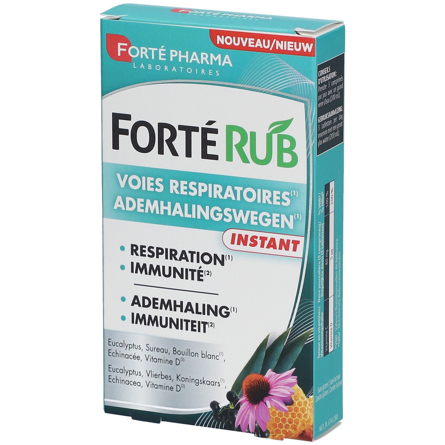 Boîte "FortéRub Instant". Inscriptions: "Voies respiratoires", "Respiration", "Immunité", "Ademhalingswegen", "Immuniteit".