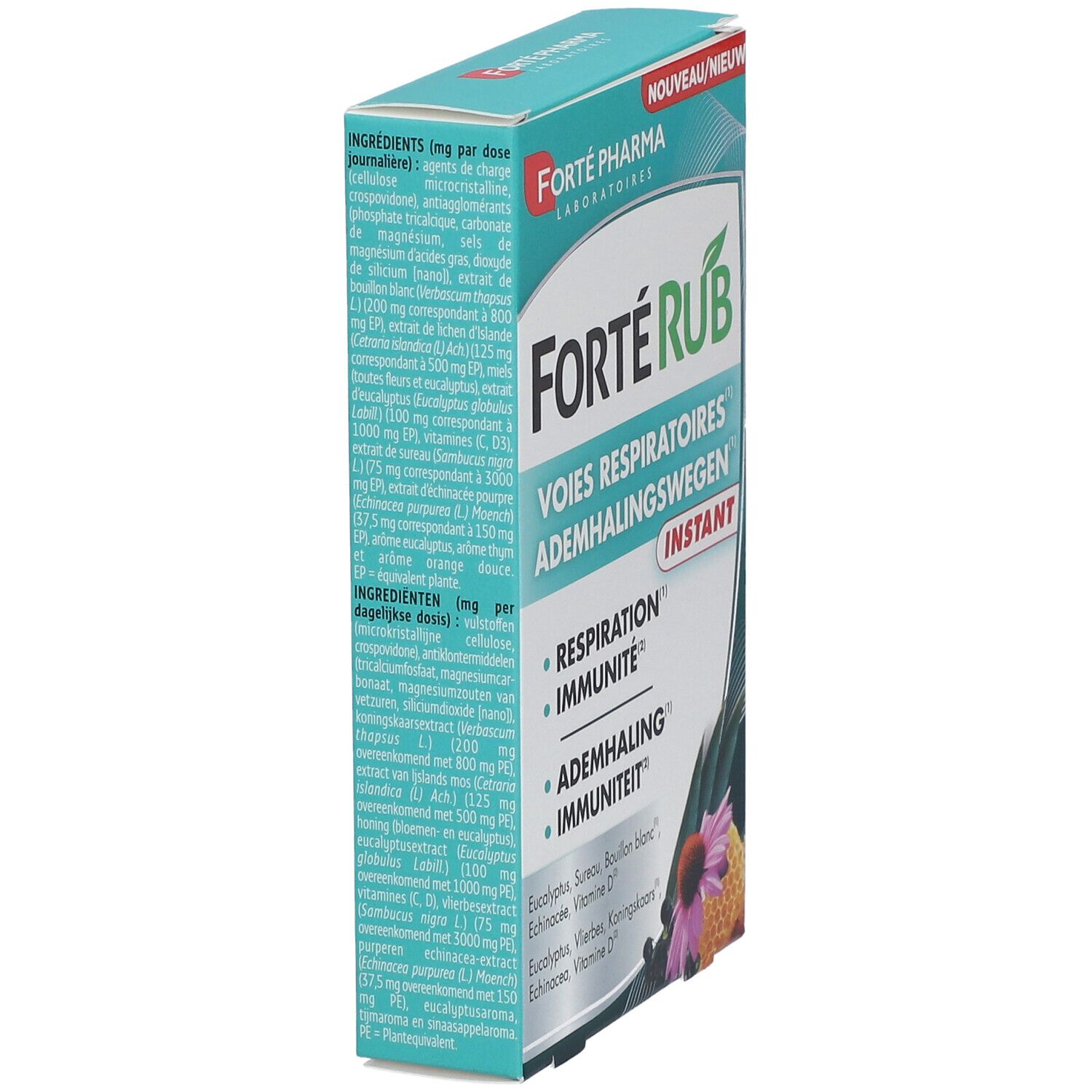 Boîte "FortéRub Instant" en biais. Inscription: "Forté Pharma". Texte sur les ingrédients et le fonctionnement.