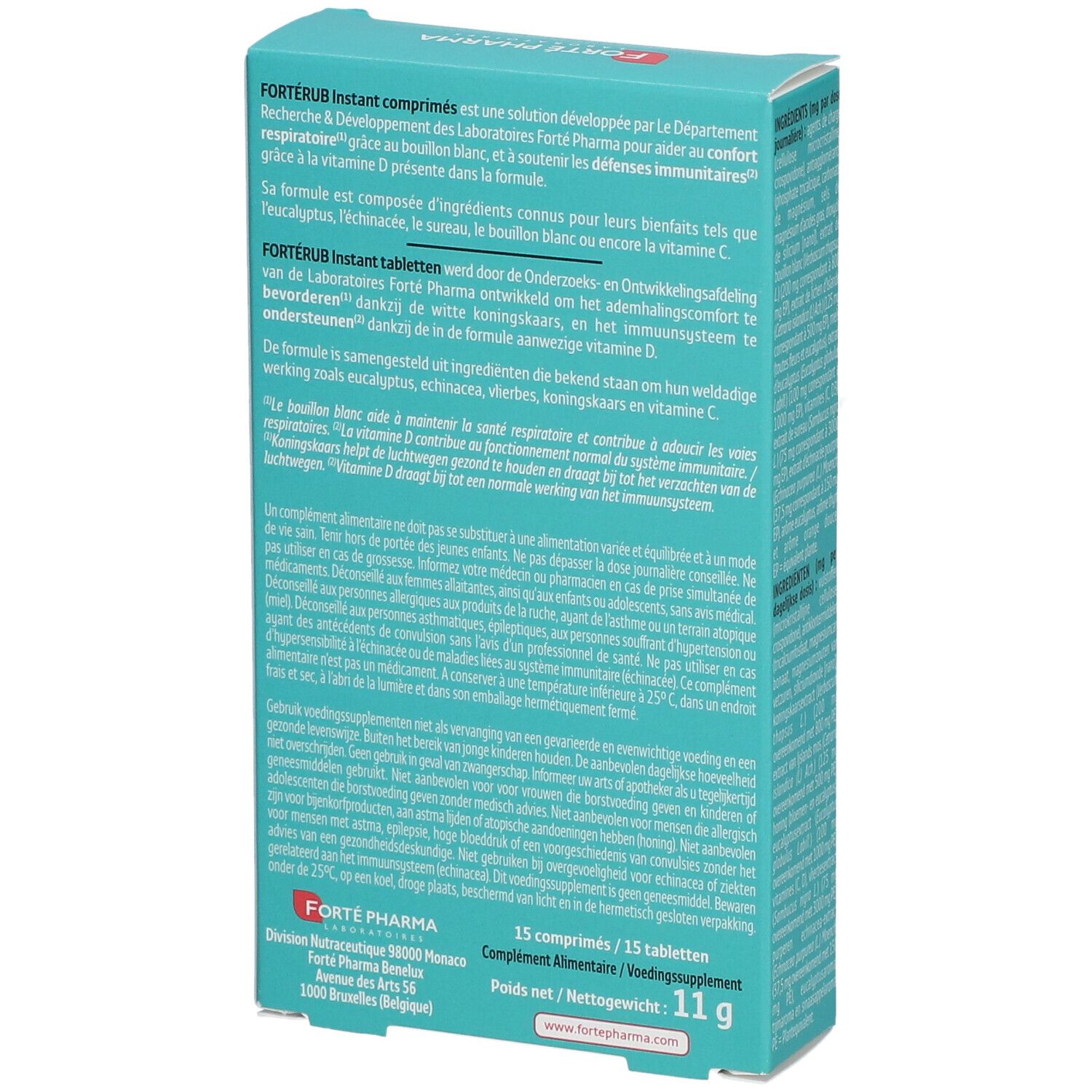 Dos de la boîte "FortéRub Instant". Texte sur la composition et l'utilisation. 15 comprimés, 11 g.