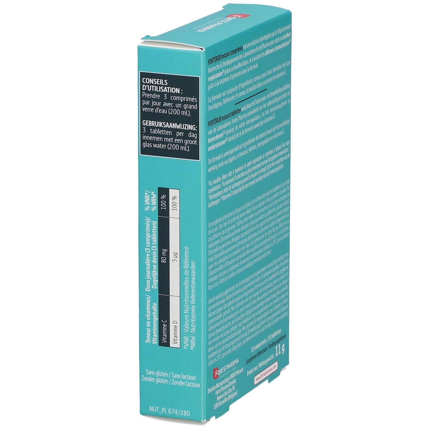 Côté de la boîte "FortéRub Instant". Dosage: 3 comprimés par jour avec de l'eau. Contient de la vitamine C et D.