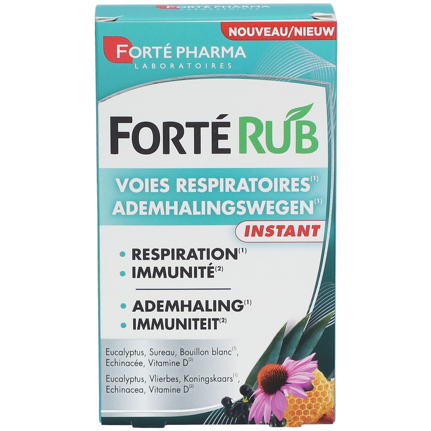 Boîte "FortéRub Instant". Inscriptions: "Voies respiratoires", "Respiration", "Immunité", "Ademhalingswegen", "Immuniteit".