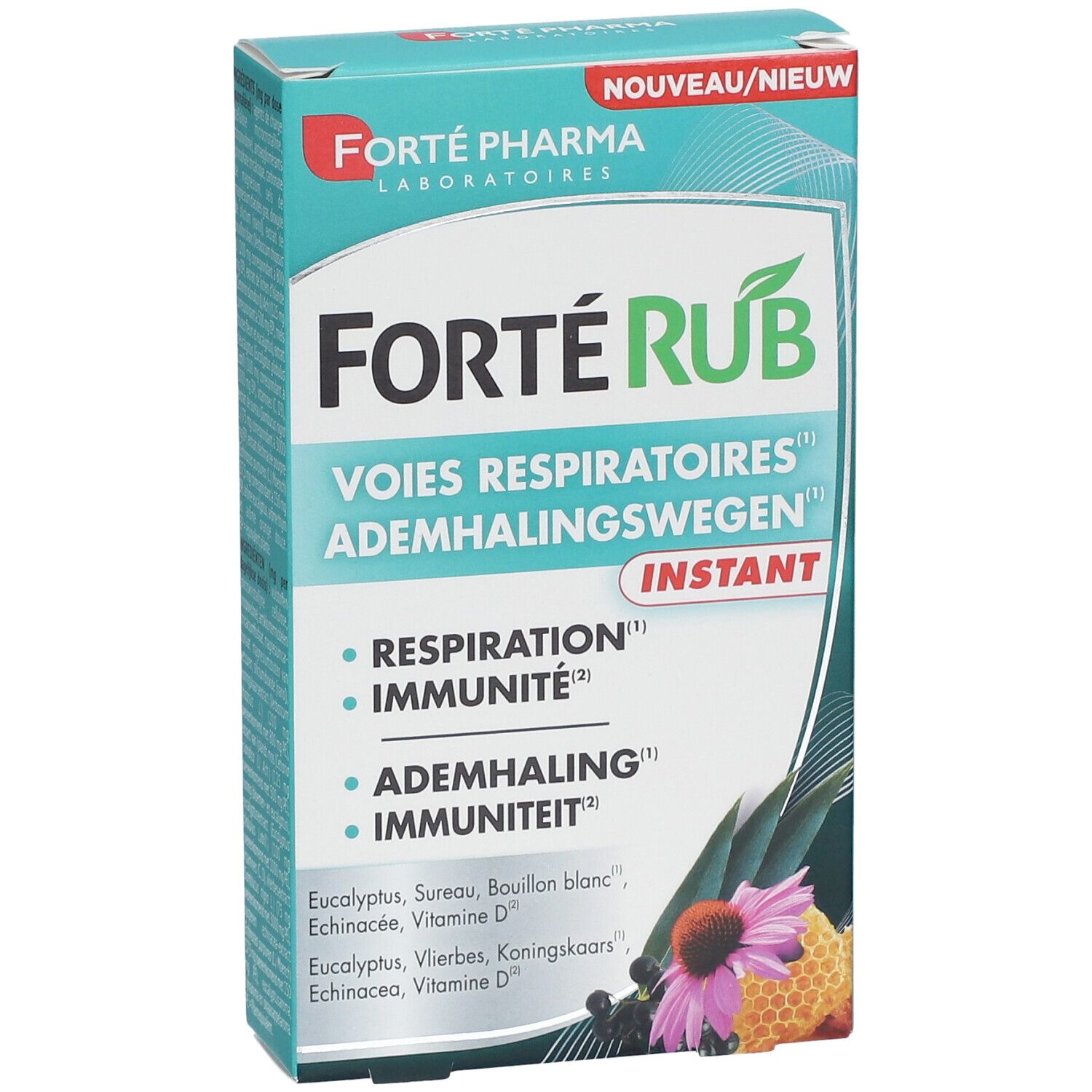 Boîte "FortéRub Instant". Inscriptions: "Voies respiratoires", "Respiration", "Immunité", "Ademhalingswegen", "Immuniteit".