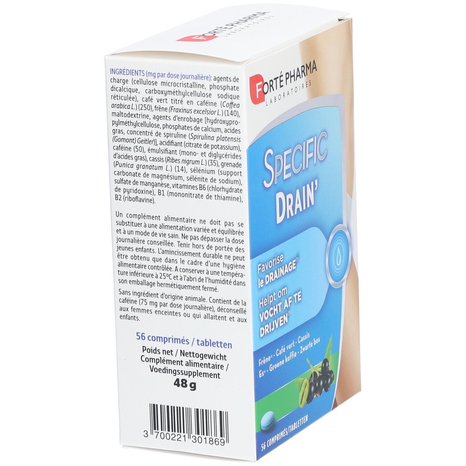 Rückseite der Verpackung von Forté Pharma Specific Drain. Enthält Inhaltsstoffe, Nährwertangaben und Herstellerinformationen. 48g.