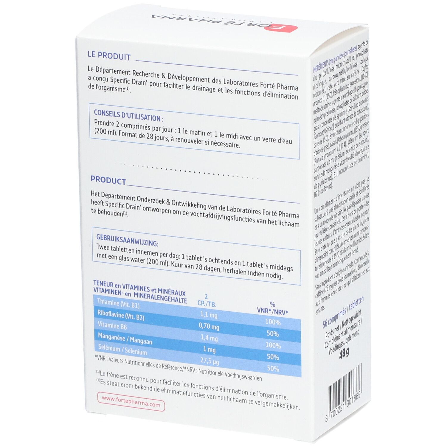 Rückseite der Verpackung von Forté Pharma Specific Drain. Enthält Gebrauchsanweisung und Nährwertangaben. 56 Tabletten.
