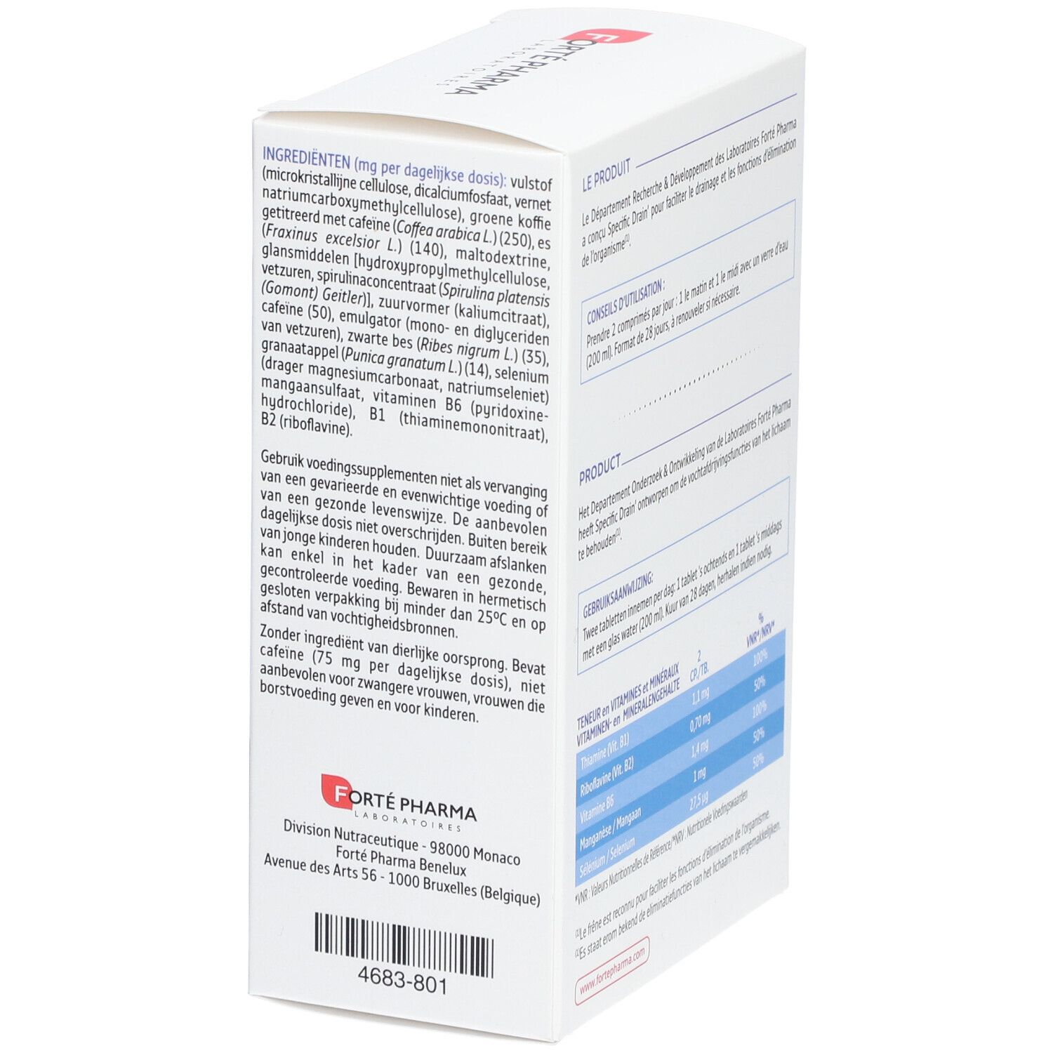 Seite der Verpackung von Forté Pharma Specific Drain. Enthält Inhaltsstoffe und Herstellerinformationen. 4683-801.