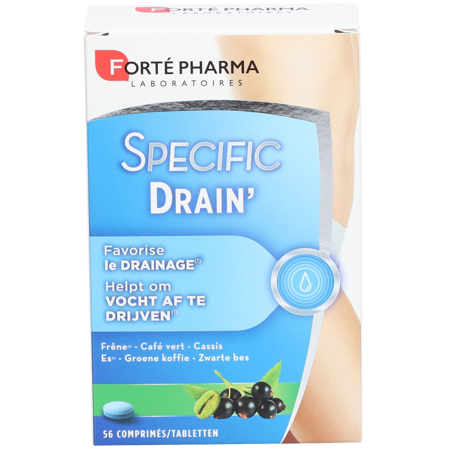 Vorderseite der Verpackung von Forté Pharma Specific Drain. Blaue und weiße Schachtel mit Produktnamen und Inhaltsstoffen. 56 Tabletten.