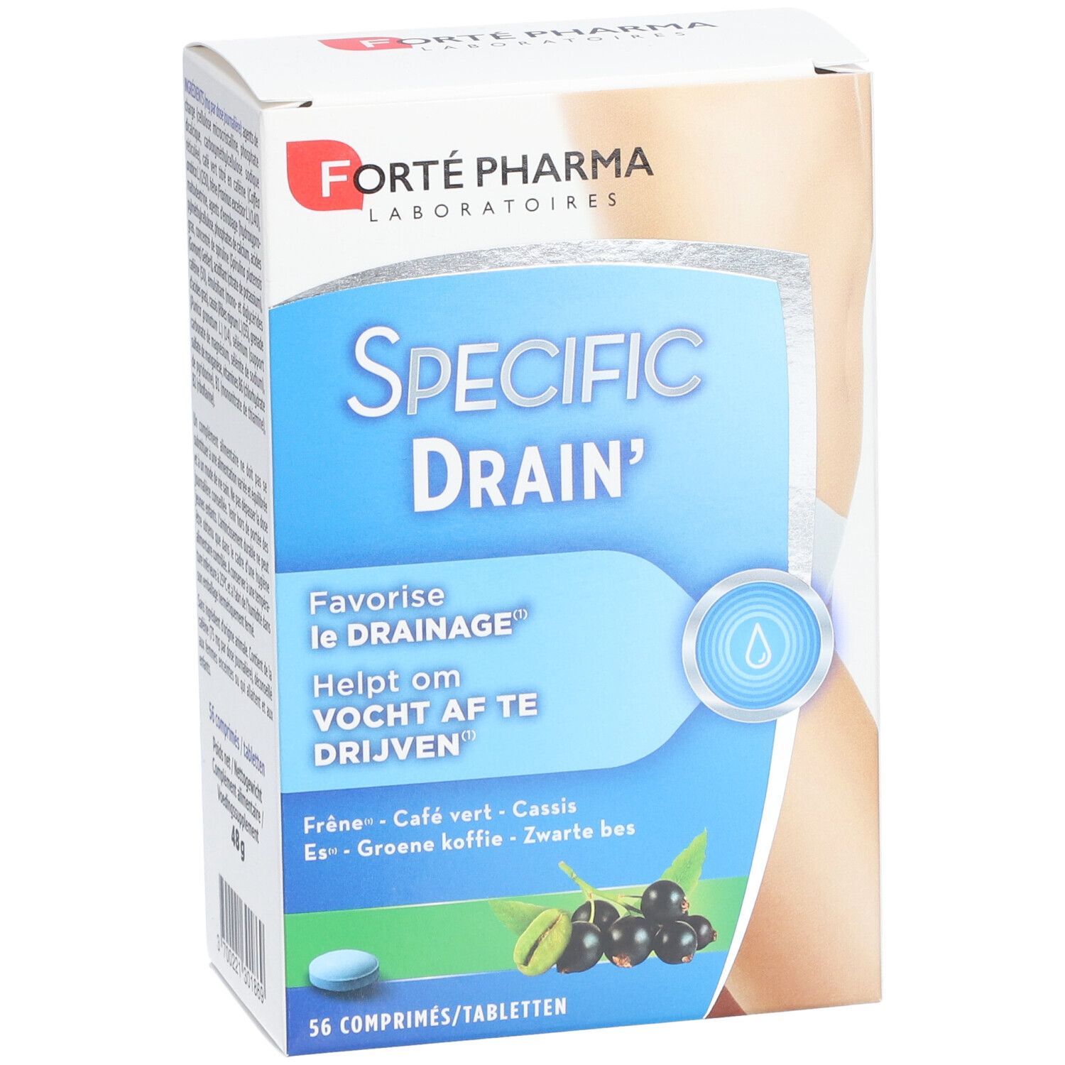 Vorderseite der Verpackung von Forté Pharma Specific Drain. Blaue und weiße Schachtel mit Produktnamen und Inhaltsstoffen. 56 Tabletten.