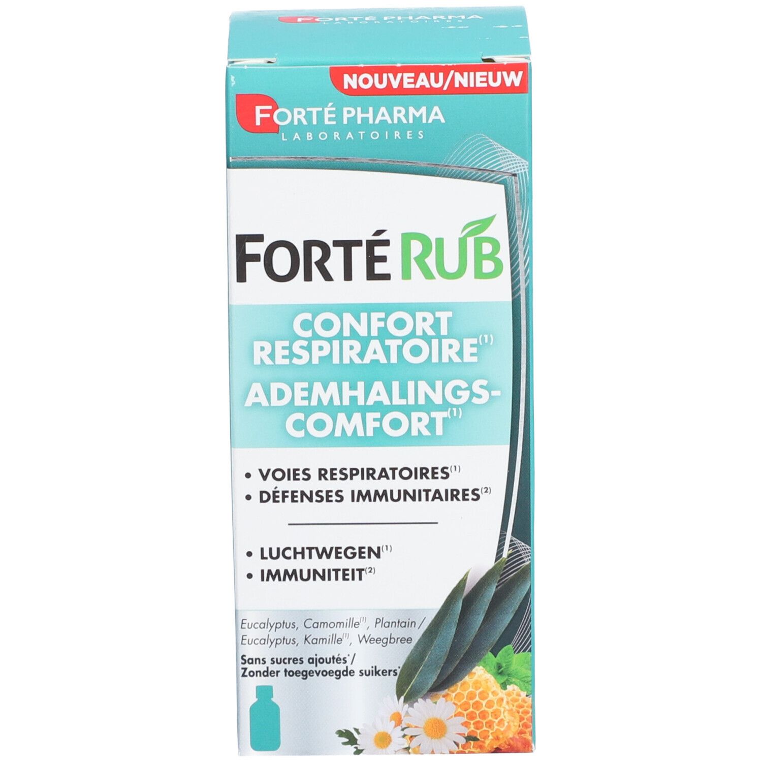 Emballage du produit. Emballage avec nom du produit et accents verts. Texte en allemand, français et néerlandais.