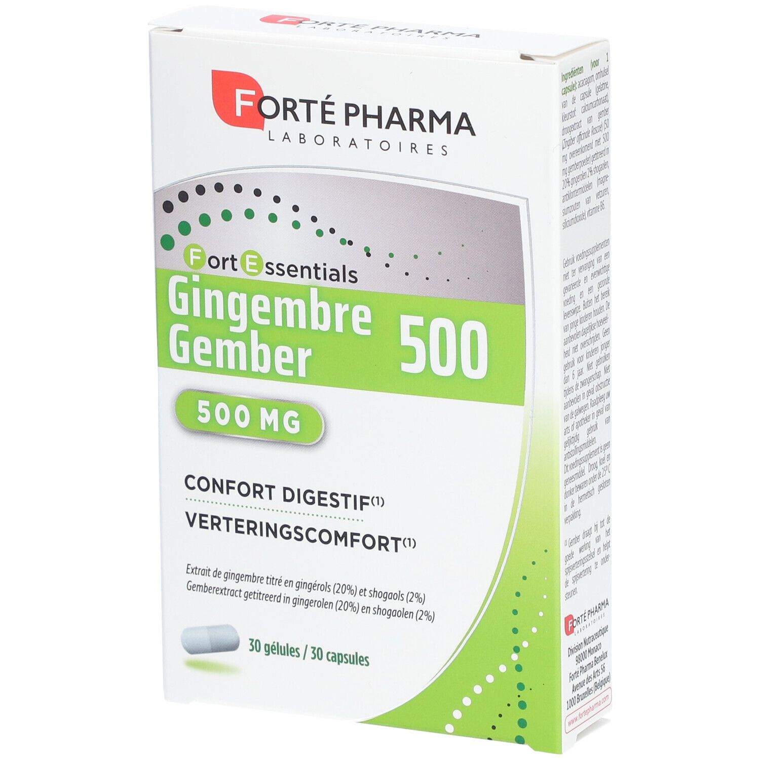 Forté Pharma Gingembre Gember 500 mg. Weiße Schachtel mit grünen Akzenten. Enthält 30 Kapseln. Text: Confort Digestif.