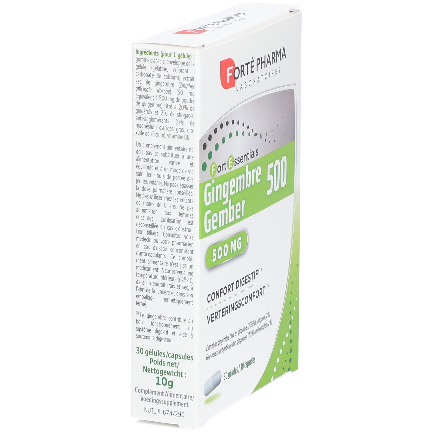Forté Pharma Gingembre Gember 500 mg. Weiße Schachtel mit Text. Enthält 30 Kapseln. Nettogewicht: 10g.