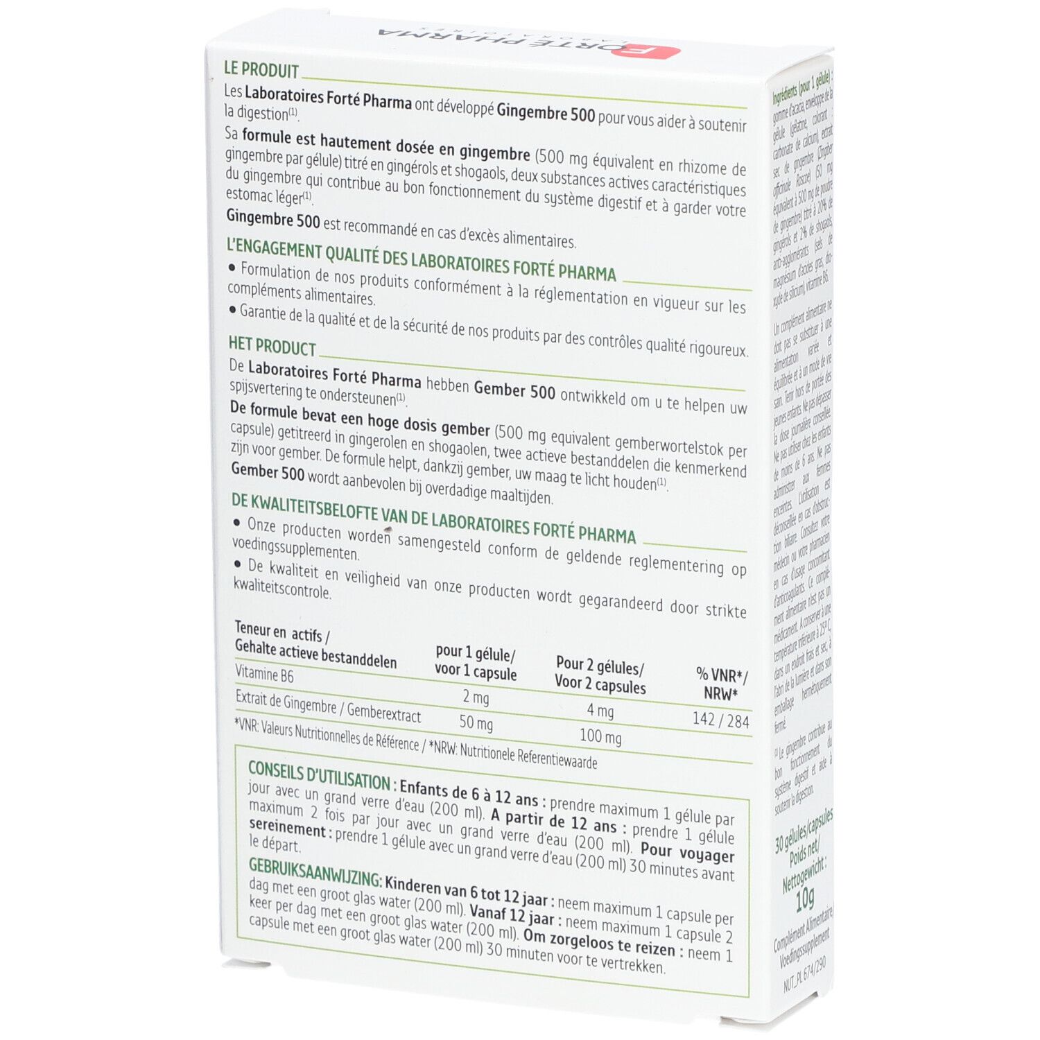 Rückseite der Schachtel Forté Pharma Gingembre Gember 500 mg. Text in mehreren Sprachen. Enthält 30 Kapseln.