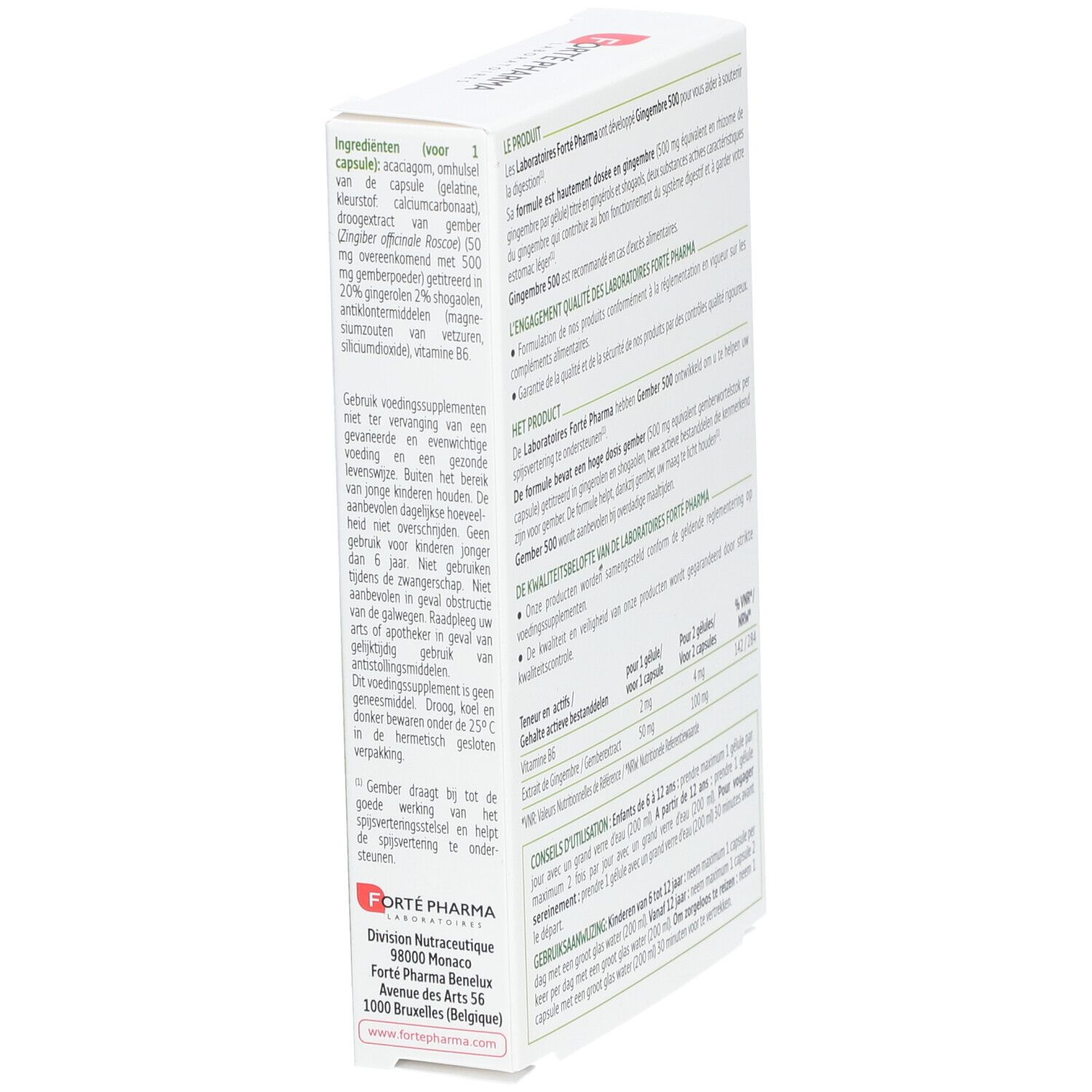 Seite der Schachtel Forté Pharma Gingembre Gember 500 mg. Text und Adresse. Enthält 30 Kapseln.