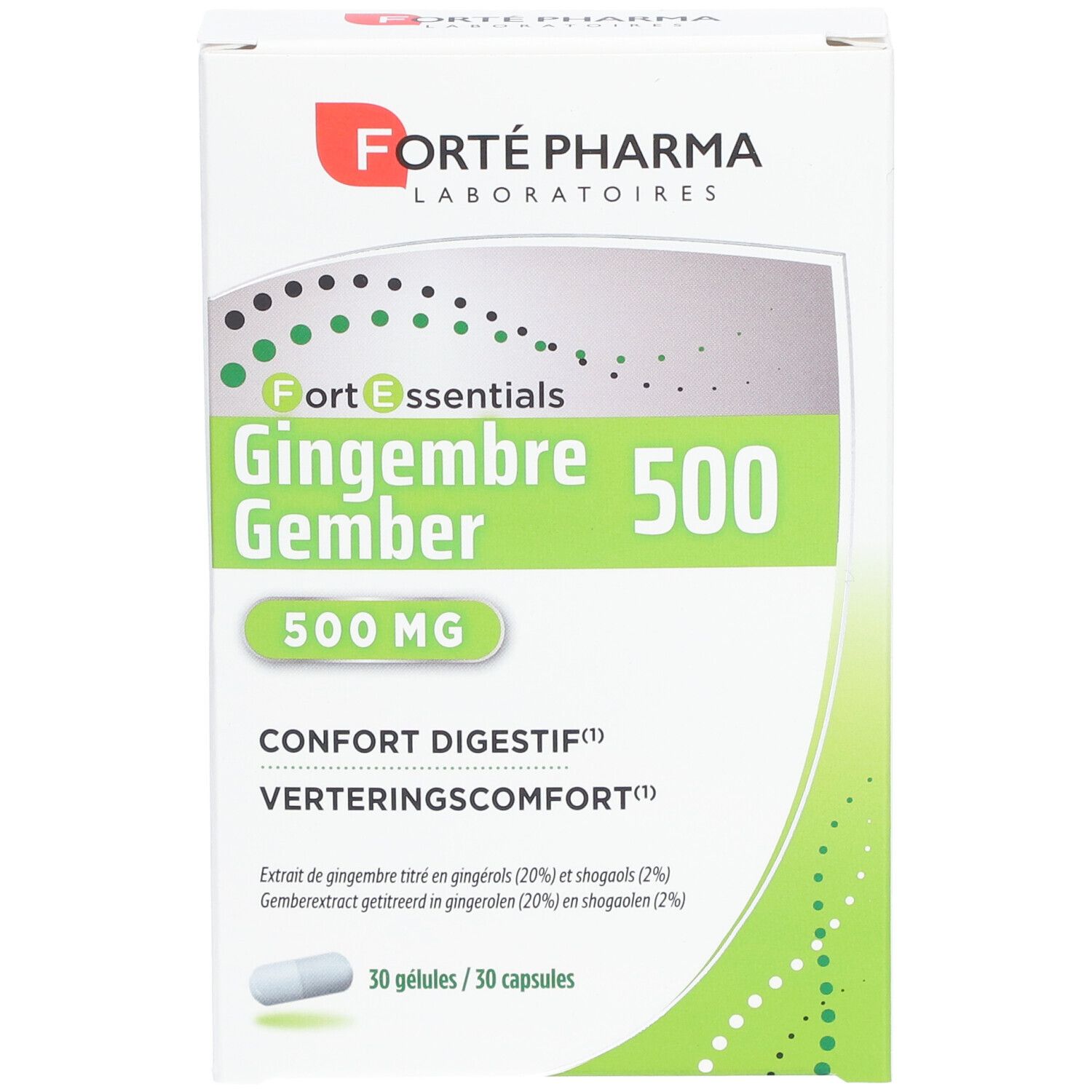 Forté Pharma Gingembre Gember 500 mg. Weiße Schachtel mit grünen Akzenten. Enthält 30 Kapseln. Text: Confort Digestif.