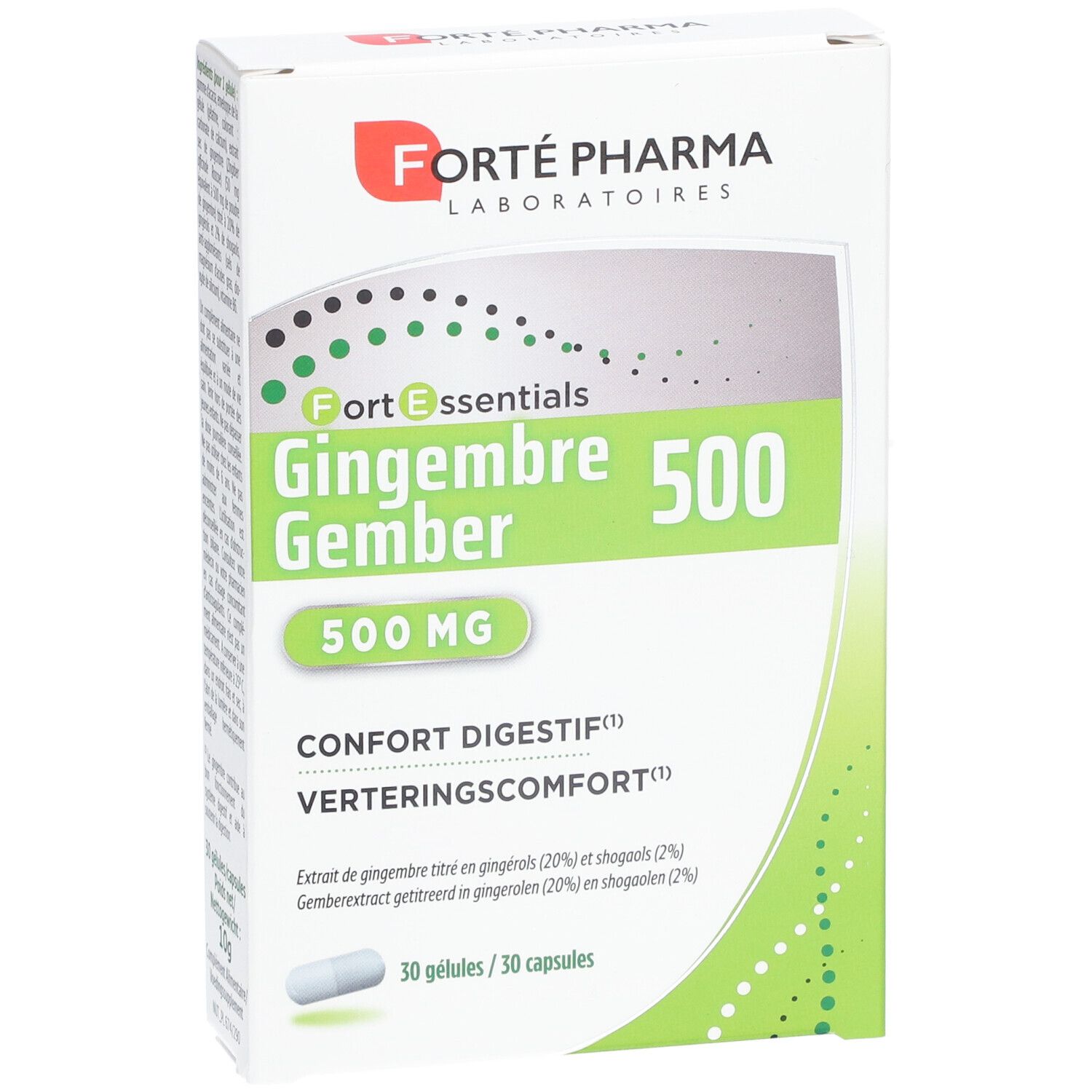 Forté Pharma Gingembre Gember 500 mg. Weiße Schachtel mit grünen Akzenten. Enthält 30 Kapseln. Text: Confort Digestif.