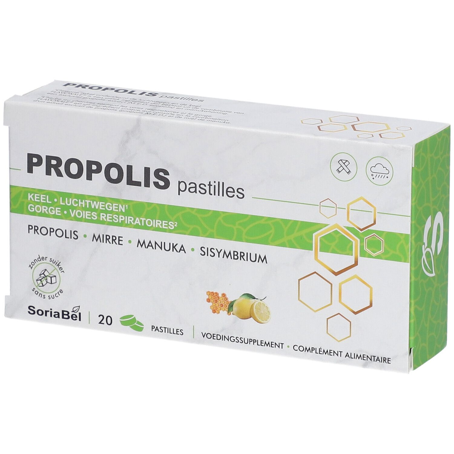 Boîte blanche "PROPOLIS pastilles". Illustrations vert-jaune. 20 pastilles. "SoriaBel". Complément alimentaire.