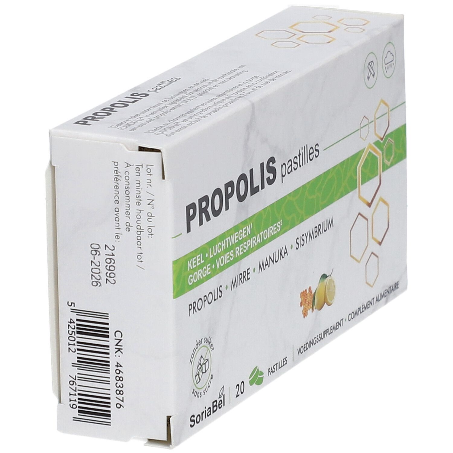 Boîte blanche "PROPOLIS pastilles". Dos avec texte et code-barres. Date limite 06-2026. "SoriaBel".
