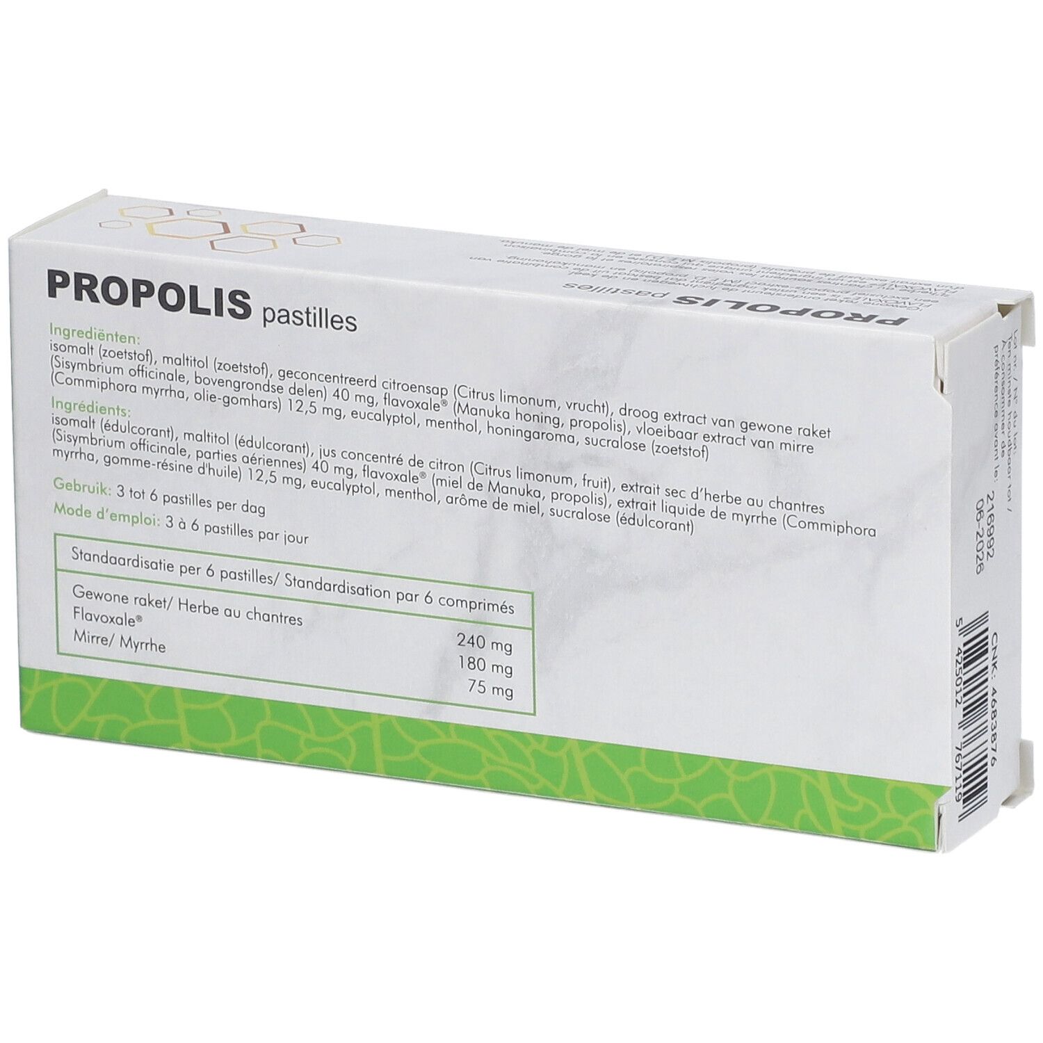 Dos de la boîte "PROPOLIS pastilles". Liste des ingrédients et informations nutritionnelles. Texte multilingue.