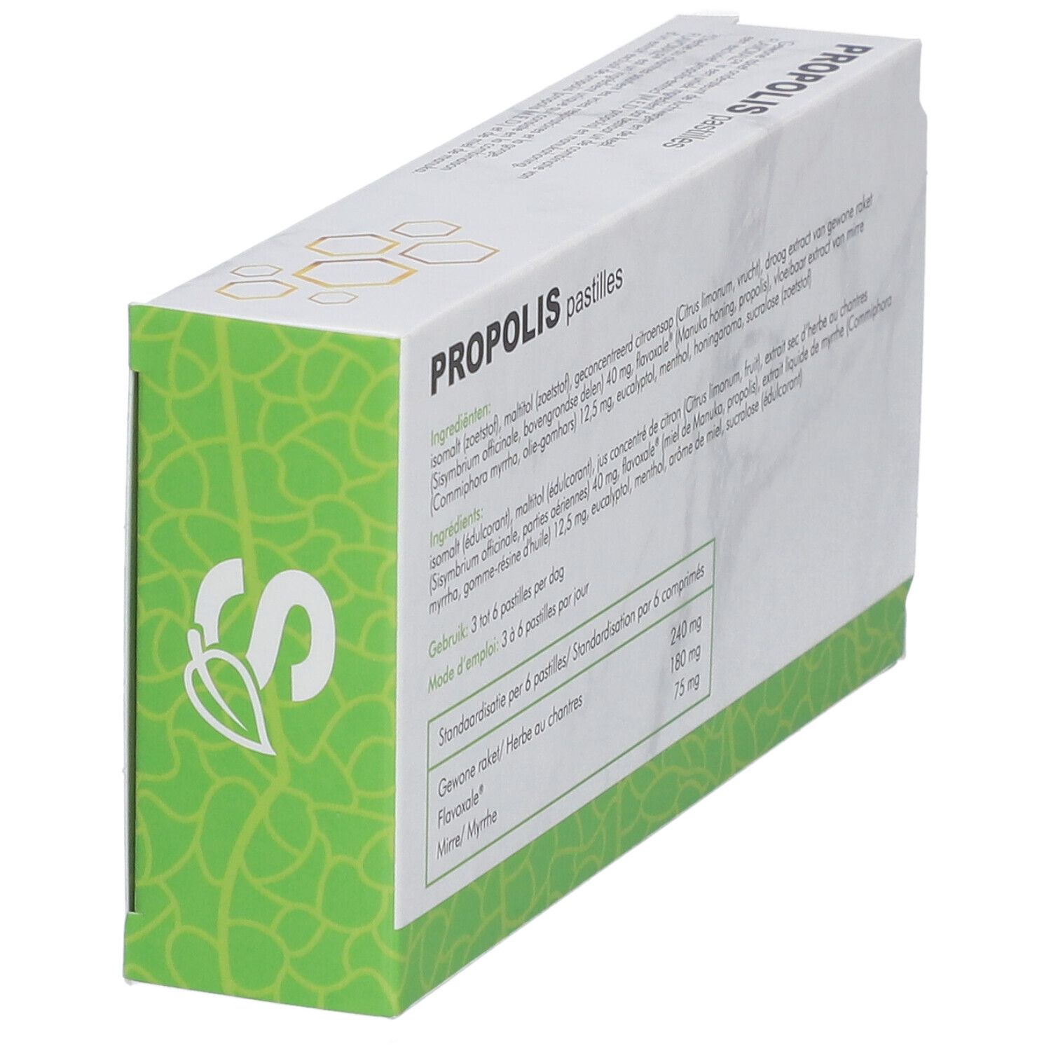 Boîte "PROPOLIS pastilles" avec design vert. Liste des ingrédients et informations nutritionnelles. Texte multilingue.