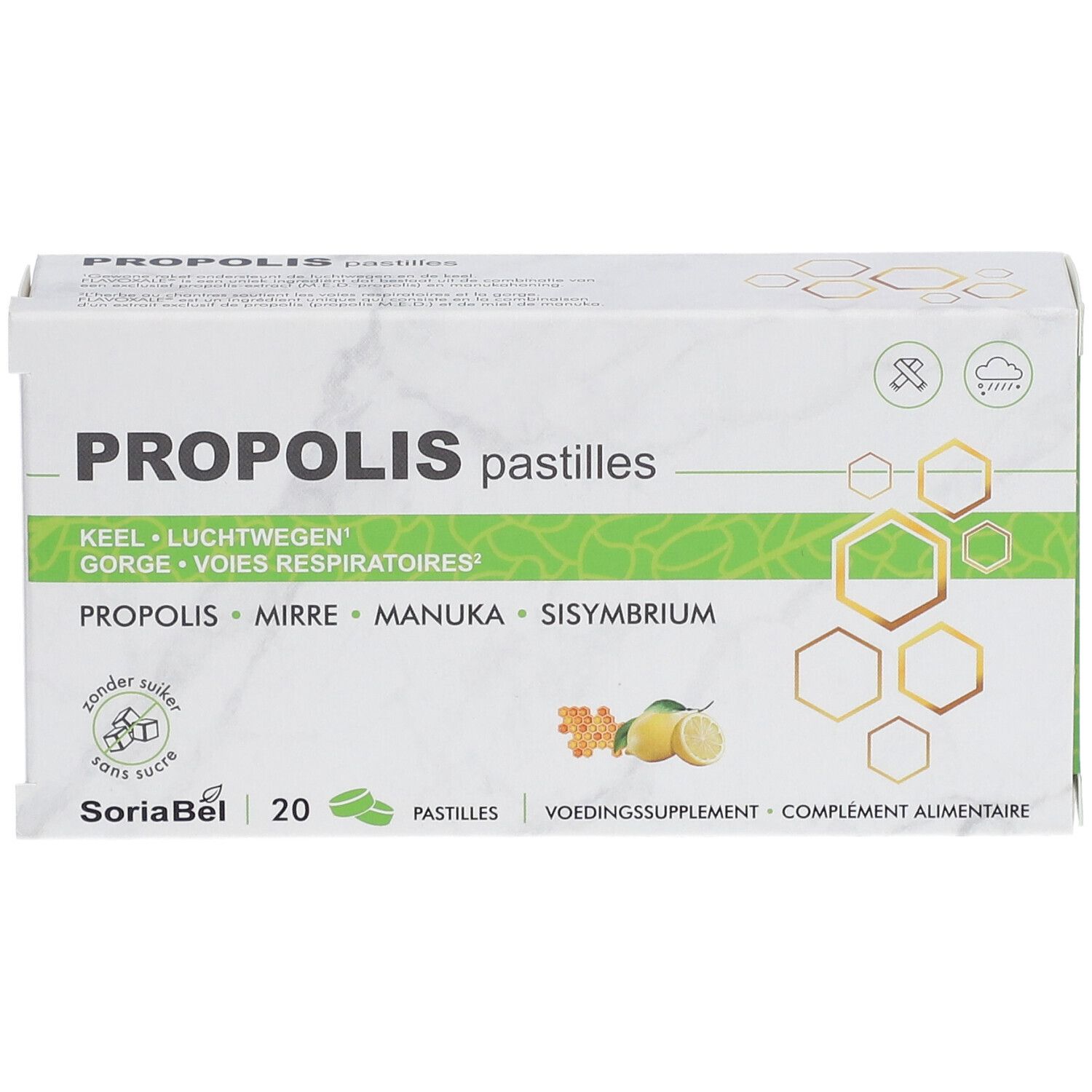 Boîte blanche "PROPOLIS pastilles". Illustrations vert-jaune. 20 pastilles. "SoriaBel". Sans sucre.