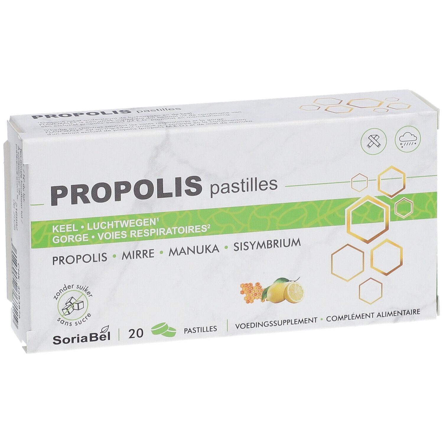 Boîte blanche "PROPOLIS pastilles". Illustrations vert-jaune. 20 pastilles. "SoriaBel".