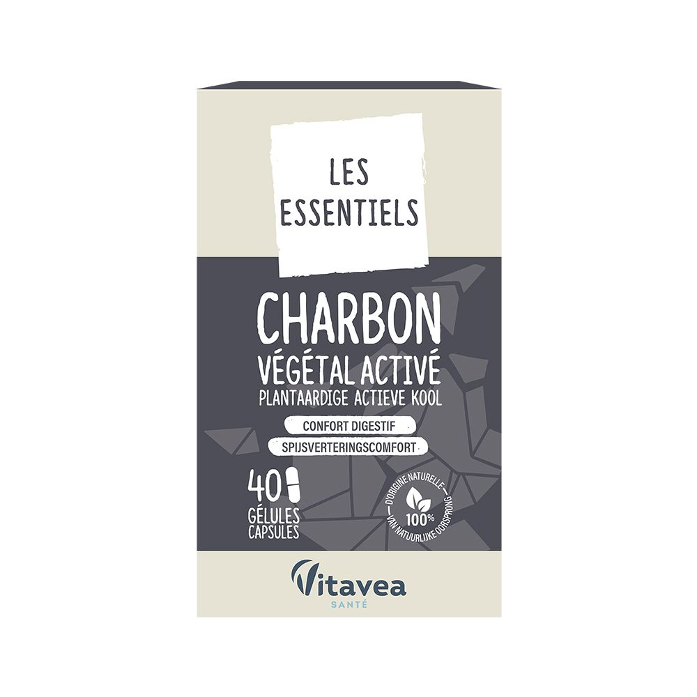Productverpakking met productnaam en merk VITAVEA. Bevat actieve kool capsules. 40 capsules.