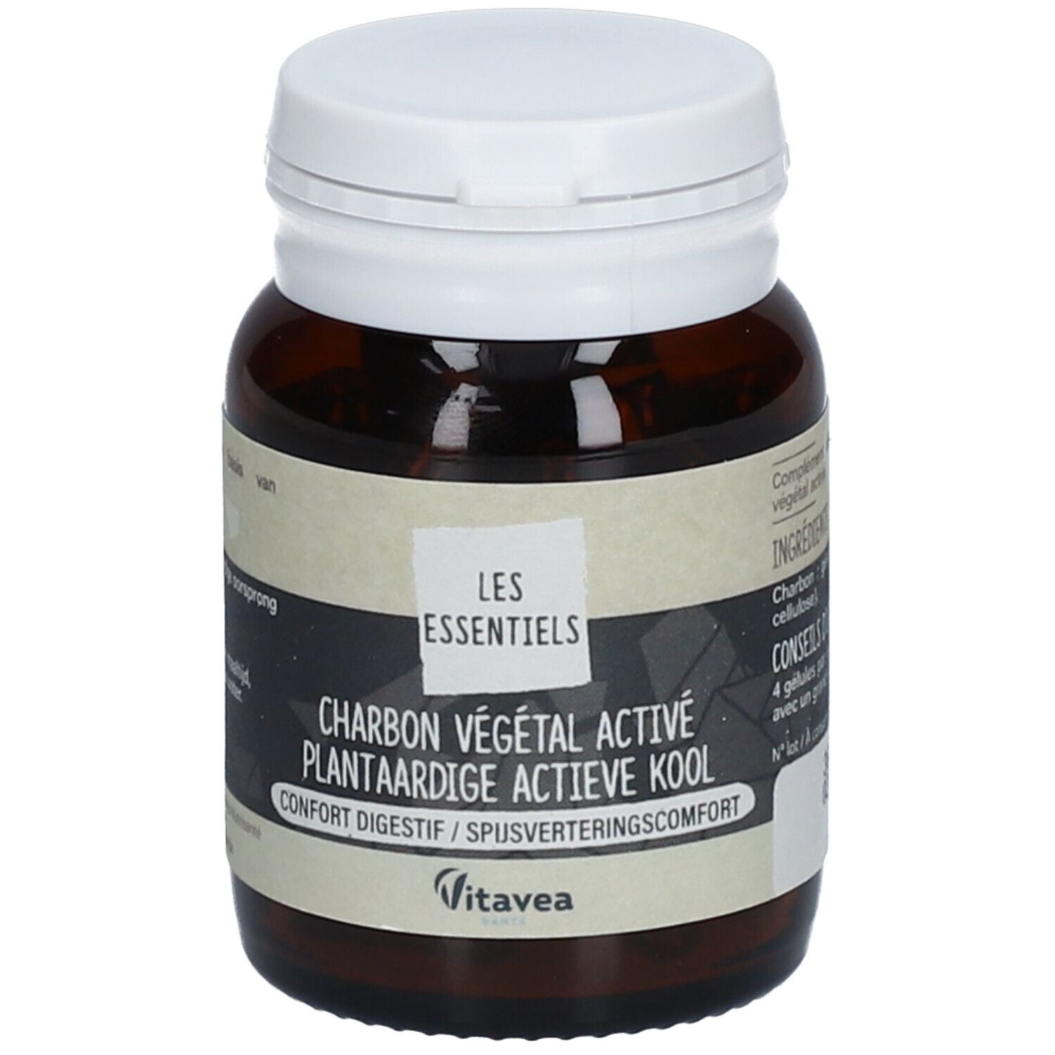 Bruine fles met witte dop. Etiket met productnaam en merk VITAVEA. Bevat actieve kool capsules.