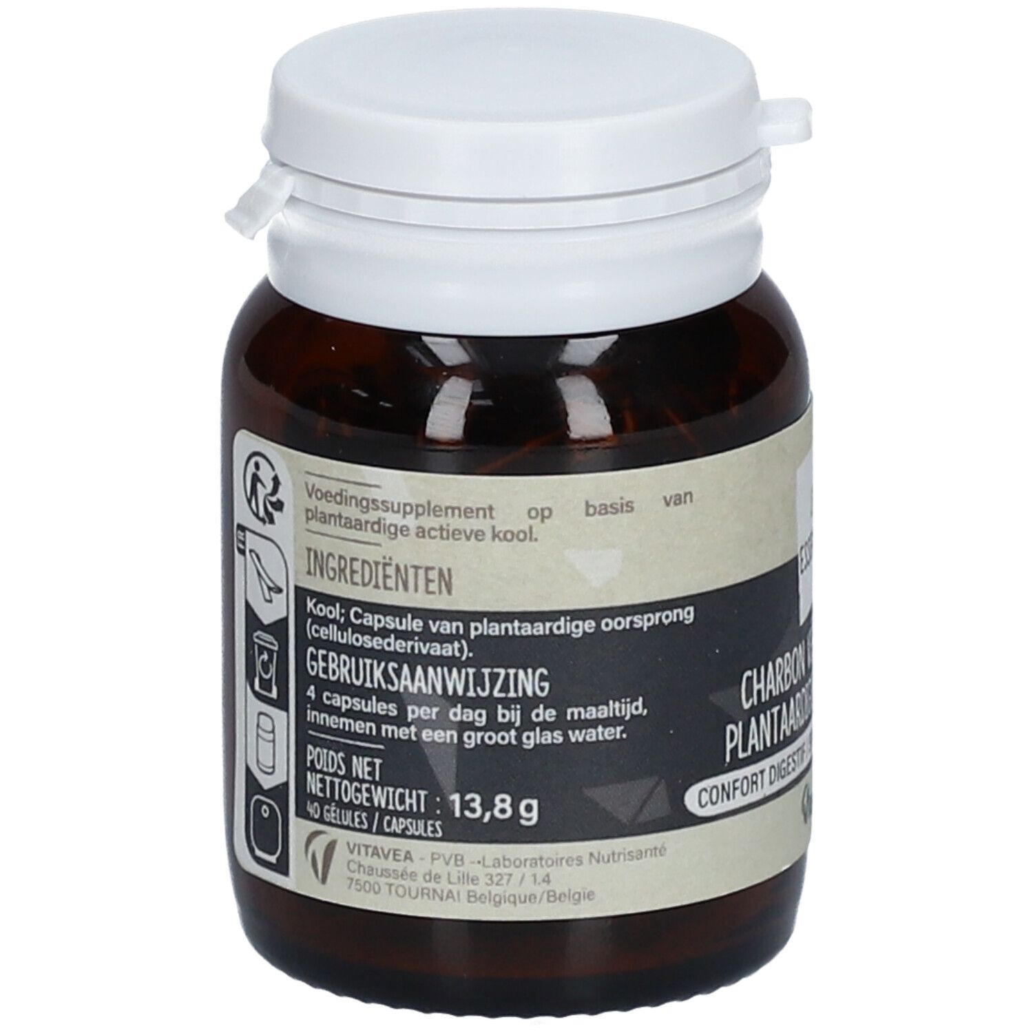 Achterkant van de fles met informatie over ingrediënten en gebruik. Bevat actieve kool capsules.
