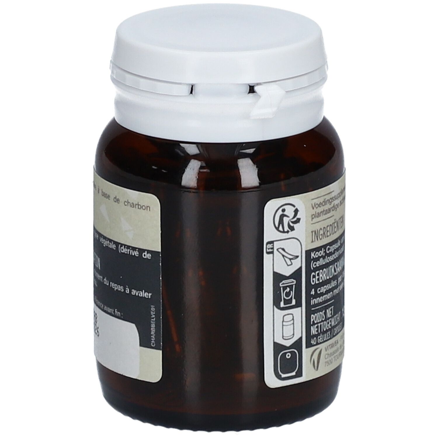 Achteraanzicht van de fles met informatie over ingrediënten en gebruik. Bevat actieve kool capsules.