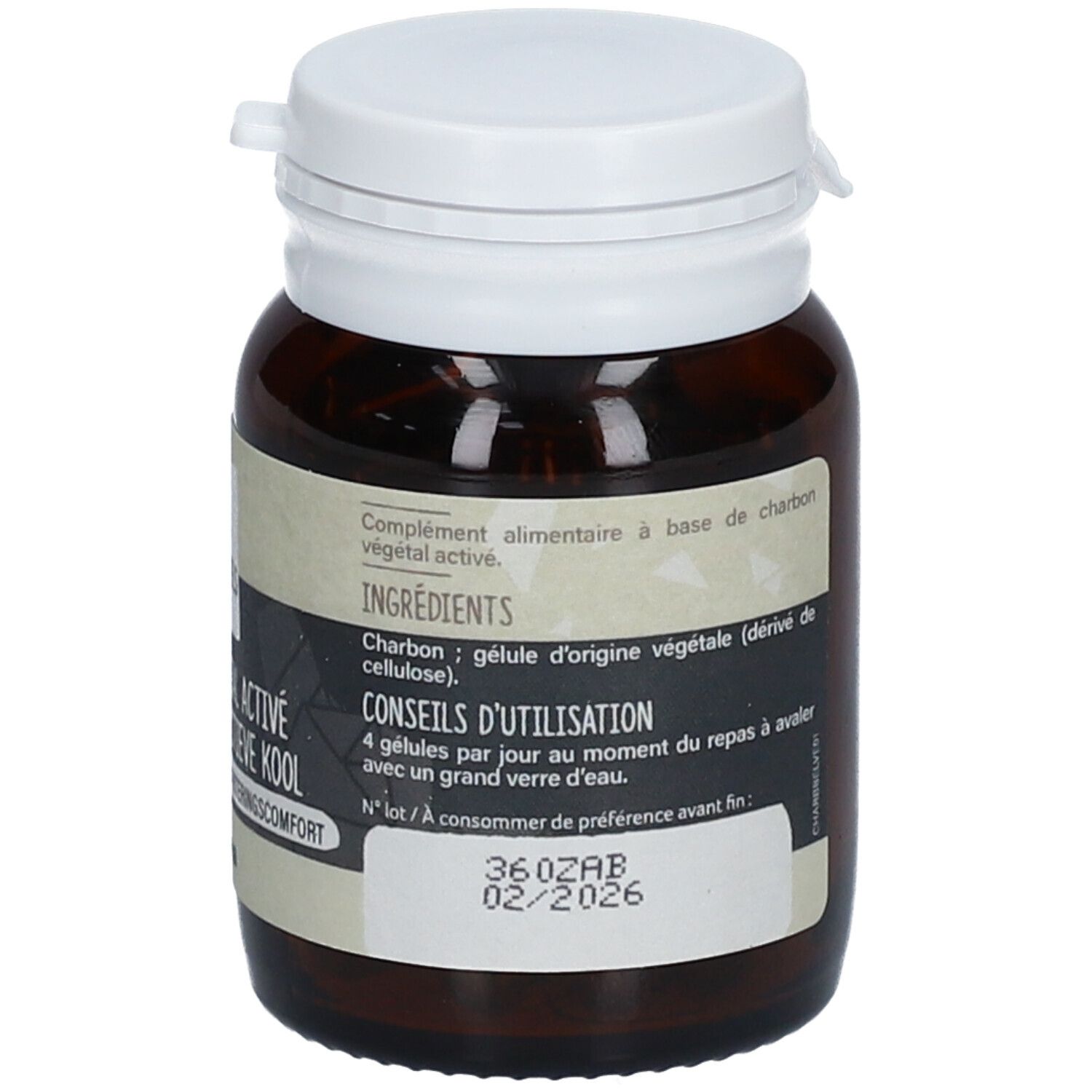 Fles met informatie over ingrediënten en gebruik. Bevat actieve kool capsules. Houdbaarheidsdatum 02/2026.