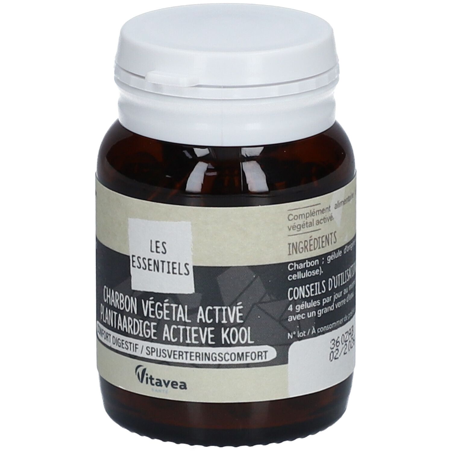 Bruine fles met witte dop. Etiket met productnaam en merk VITAVEA. Bevat actieve kool capsules.