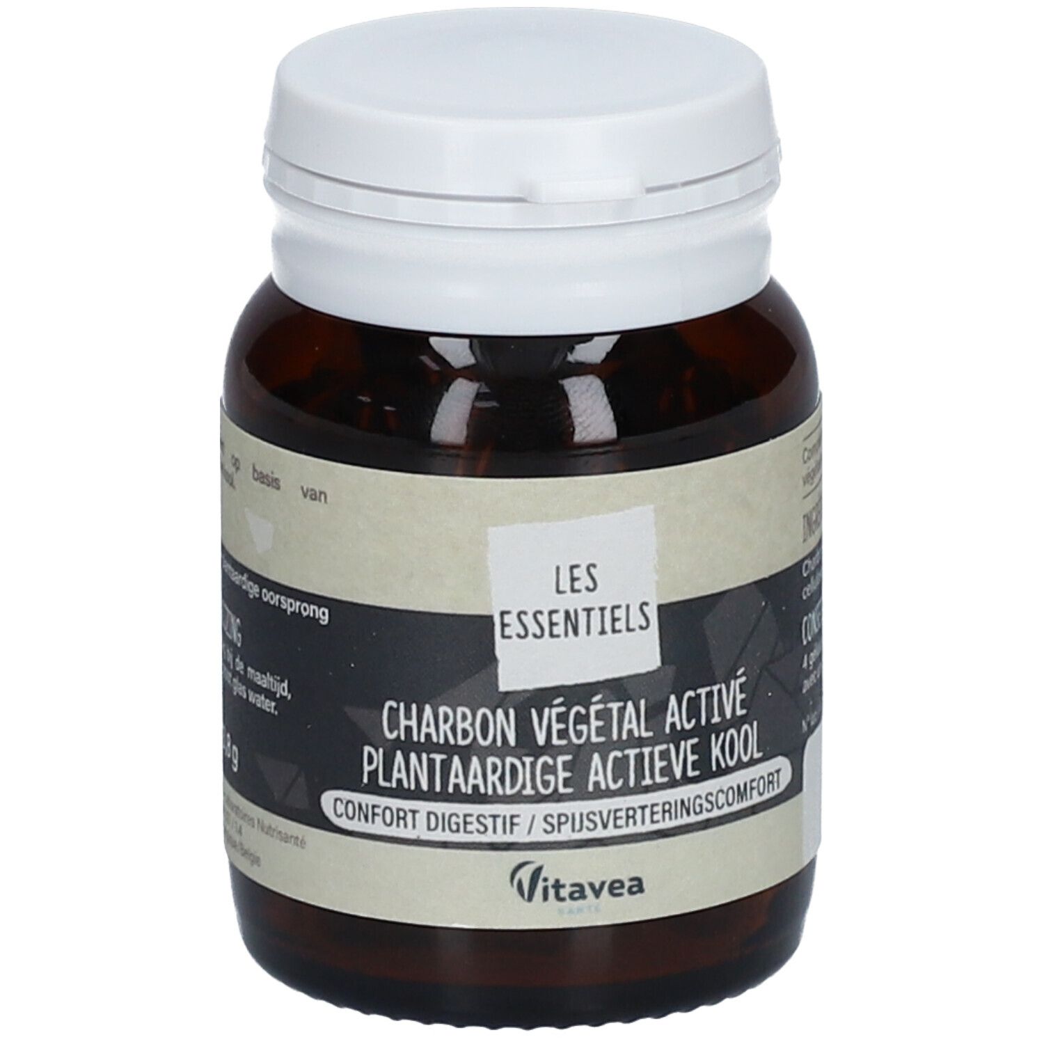 Bruine fles met witte dop. Etiket met productnaam en merk VITAVEA. Bevat actieve kool capsules.