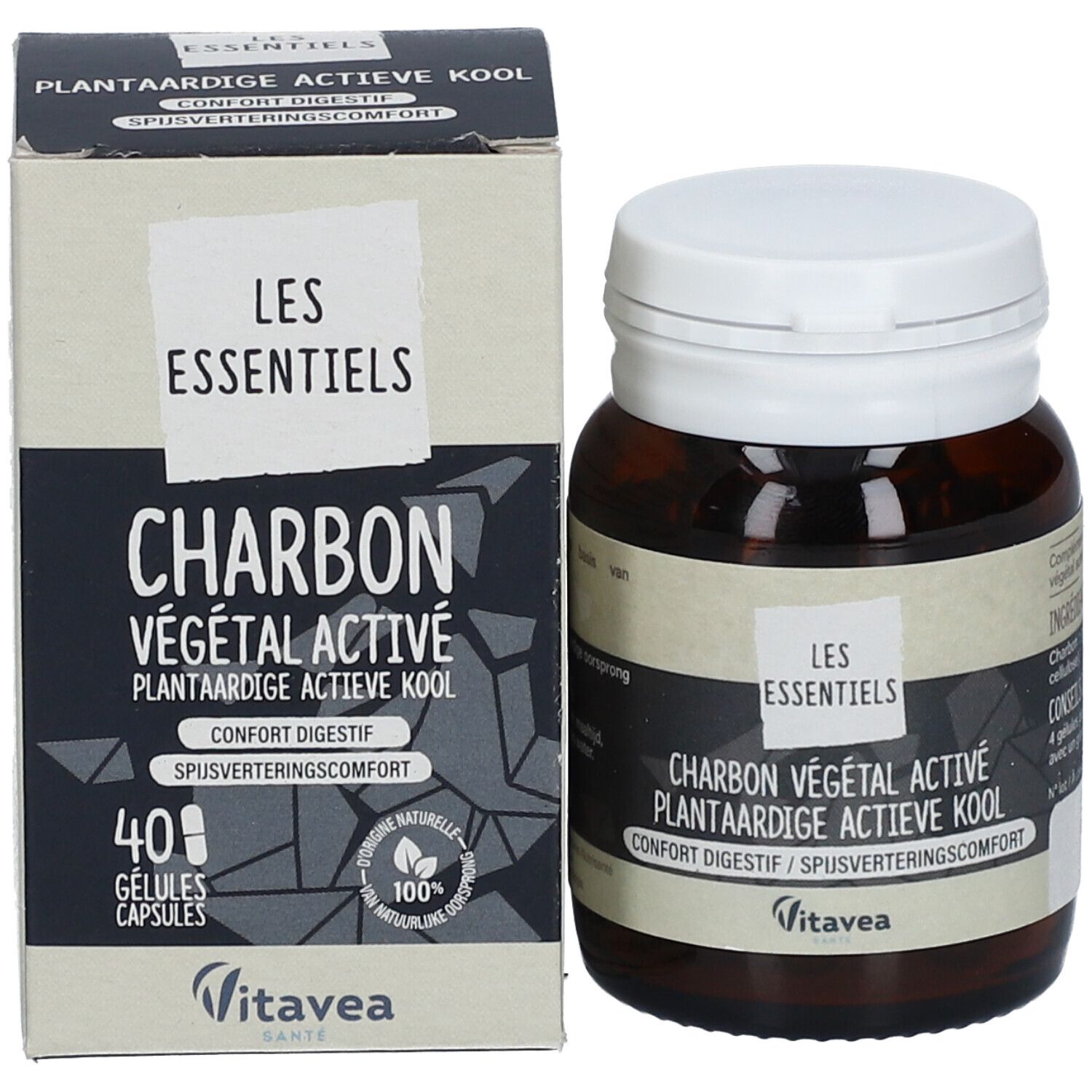 Productfles en verpakking. Bevat actieve kool capsules. Merk VITAVEA. 40 capsules.