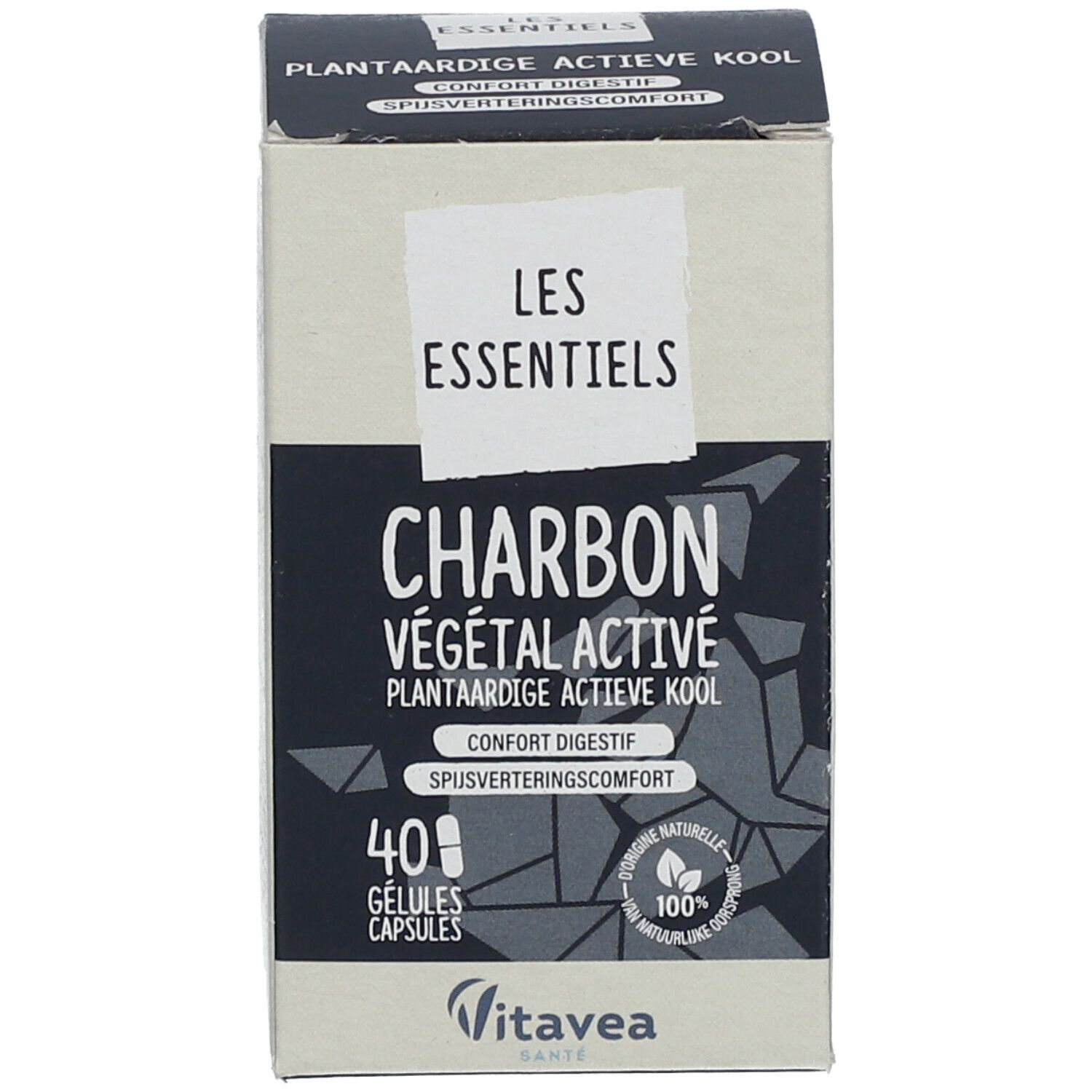 Productverpakking met productnaam en merk VITAVEA. Bevat actieve kool capsules. 40 capsules.