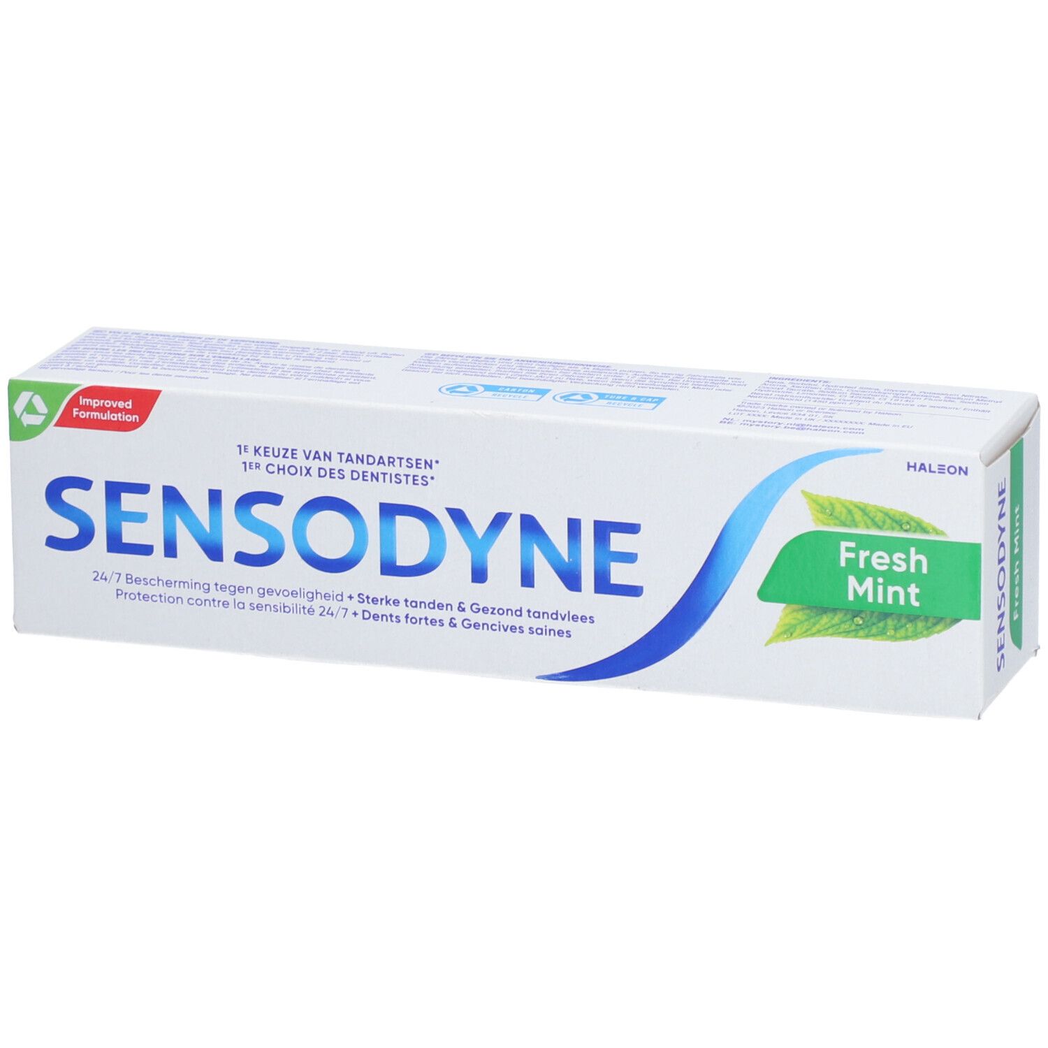 Zahncreme-Verpackung von Sensodyne Frische Minze. Weiß, mit blauem Logo und grünen Akzenten. Text: Fresh Mint.