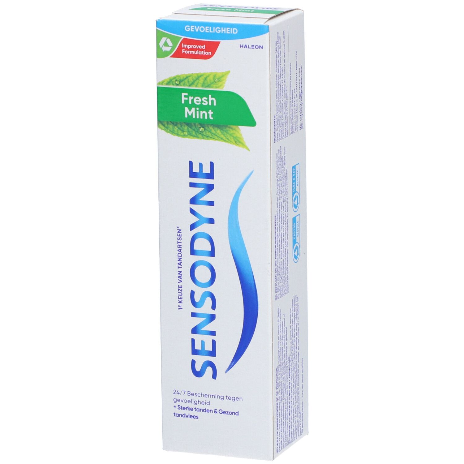 Zahncreme-Verpackung von Sensodyne Frische Minze. Stehende Ansicht. Weiß, blaues Logo, grüner Akzent. Text: Fresh Mint.