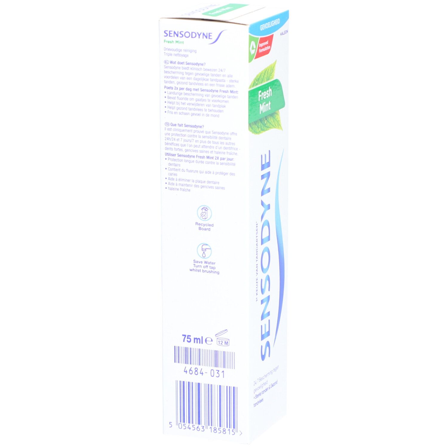Zahncreme-Verpackung von Sensodyne Frische Minze. Rückseite. Weiß, blaues Logo, Text und Symbole. Text: Fresh Mint.