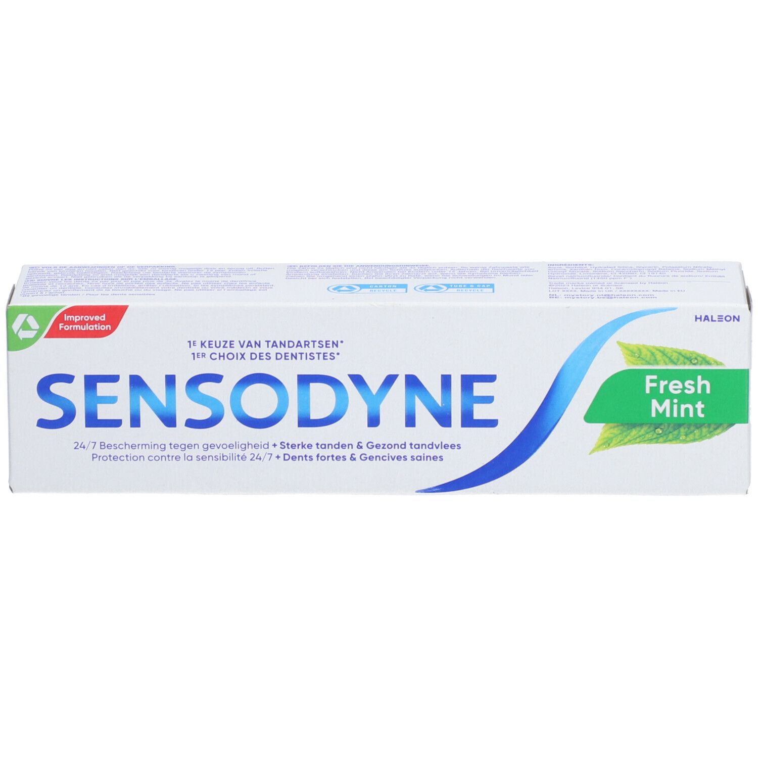 Zahncreme-Verpackung von Sensodyne Frische Minze. Weiß, blaues Logo, grüner Akzent. Text: Fresh Mint.