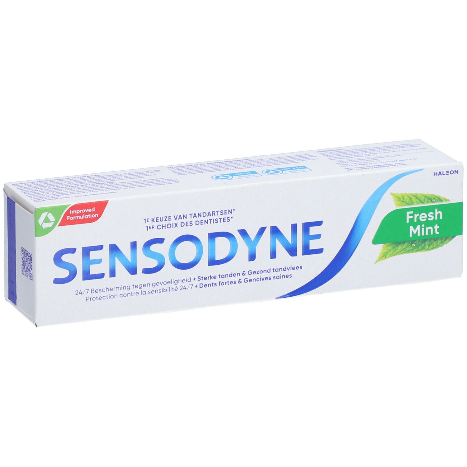 Zahncreme-Verpackung von Sensodyne Frische Minze. Weiß, blaues Logo, grüner Akzent. Text: Fresh Mint.