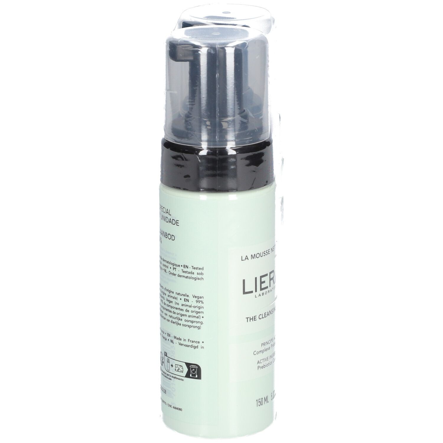 Flacon vert clair de Lierac La Mousse Nettoyante avec pompe noire. Informations produit sur l'étiquette.