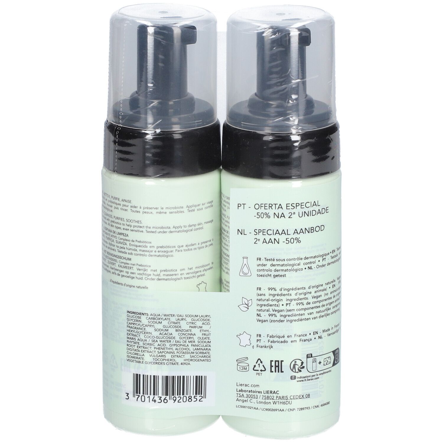 Deux flacons de Lierac La Mousse Nettoyante, vert clair, avec pompe noire. Dos avec informations produit.