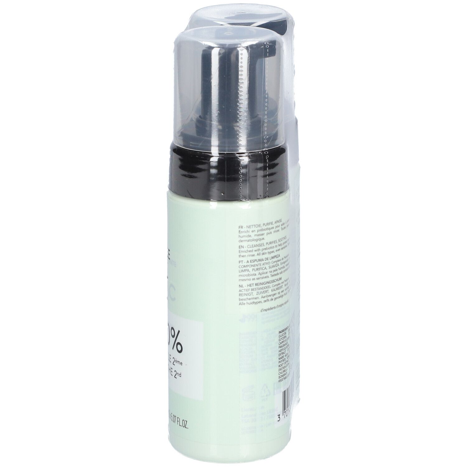 Flacon vert clair de Lierac La Mousse Nettoyante avec pompe noire. Dos avec informations produit et promotion.